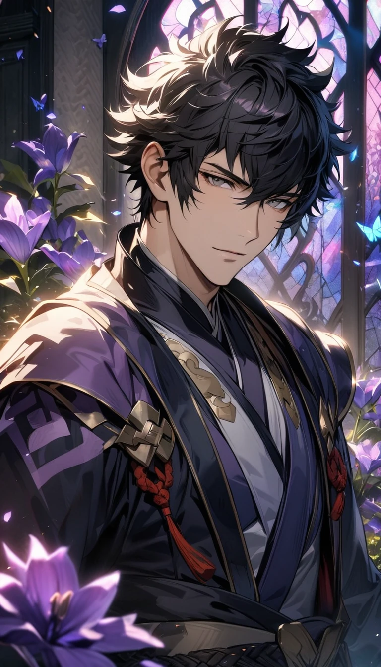 absurdres, highres, ultra detailed, HDR, master piece, best quality, Lon'qu, black hair, expressive grey eyes, Fire Emblem Awakening, solo, sexy man, handsome, glass stained window, purple shining butterflies, purple lilies, purple petals, garden