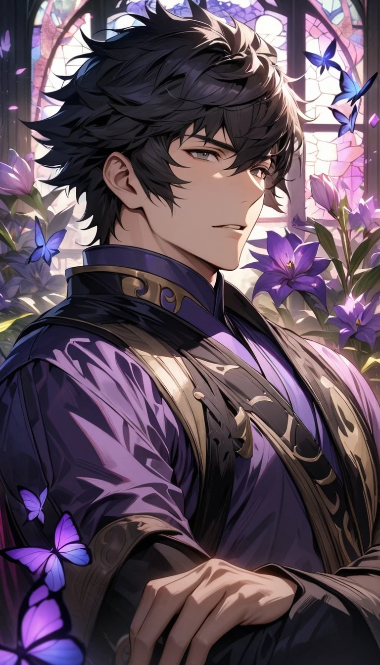absurdres, highres, ultra detailed, HDR, master piece, best quality, Lon'qu, black hair, expressive grey eyes, Fire Emblem Awakening, solo, sexy man, handsome, glass stained window, purple shining butterflies, purple lilies, purple petals, garden