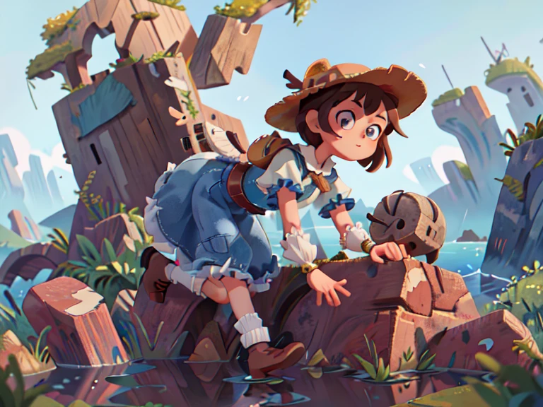 (Best Quality, Masterpiece: 1.1), Fedora Hat, Black Frilled Hem Dress, Cross Shoulder Pockets, High Knee Socks, Surreal, (Fantasy, Medieval, Ancient: 1.2), Denim Lens, Side View, 1girl, On the Sea, Cute Medium , Bright Face, White Eyes, Short Hair, Flip Hair, Brown Hair, Ultra HD