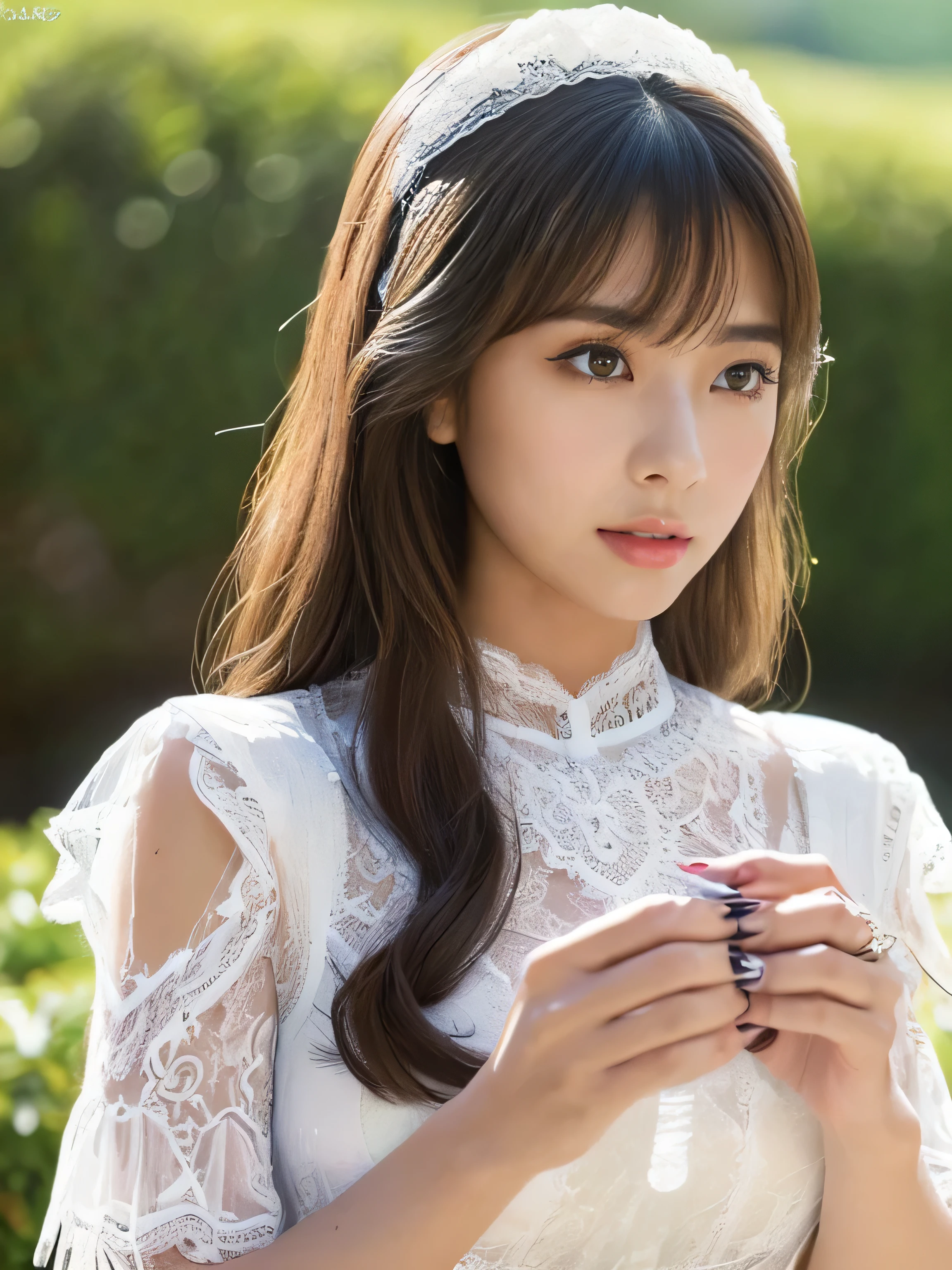 ((Full Shot:1.3)) (Big Tits 1.4) ((highest quality)), ((masterpiece)), (Get used to it), Perfect Beauty Face (She is 24 years old、The sexiest and most beautiful Japanese fantasy girls) ((highest quality)), ((masterpiece)) ((Her incredibly straight, waist-length, high quality hair is very shiny and glossy and has a lot of volume and shine. Her hair is a deep black.)) (Her bangs are beautiful and full:1.3) ((big 1.4)) (Perfect sexy professional makeup bright crimson lips Solid black eyeliner) Beautiful japanese sexy face, Japanese facial features, (She has the typical skin tone and body type of a Japanese person.) Hand and finger detail Beautiful Eyes Mouth Details the corners of the mouth rise slightly Cool look (The eyebrows are dark brown in color) (She is wearing a fantasy pure white lace gown dress and healing spellcaster gear.:1.5) (Perfect Healer's Circlet) (She holds a healing wand、Posed as if casting a healing spell:2.4) (Open your mouth:1.5) (This is in the forest of a fantasy world) good, Anatomically correct hand Thin fingers 5 anatomically correct fingers