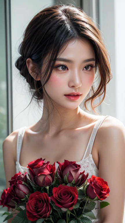 Surrounded by red roses 1.5.Wrapped in red roses 1.5、Bright Sunshine 1.5、very bright space、Professional Lighting、Professional Lighting、Translucent skin texture、Transparent skin tone、Beautiful Skin、Tie your hair up、Black Hair、Small breasts、Emphasize the chest、White lace fabric 1.5、See-through fabric、(((See-through 1.5)))、(Watch Viewers 1.5)