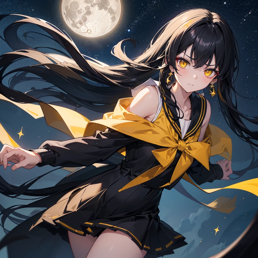 ((Black Hair Long Hair Sailor suit Drop shoulder anger)) ((Yellow Eyes Shining blade Temple night comet)) (full moon Starry Sky Shining Background Unsheathing) Big ribbon Blood splatter Streaks of Light slender Earrings