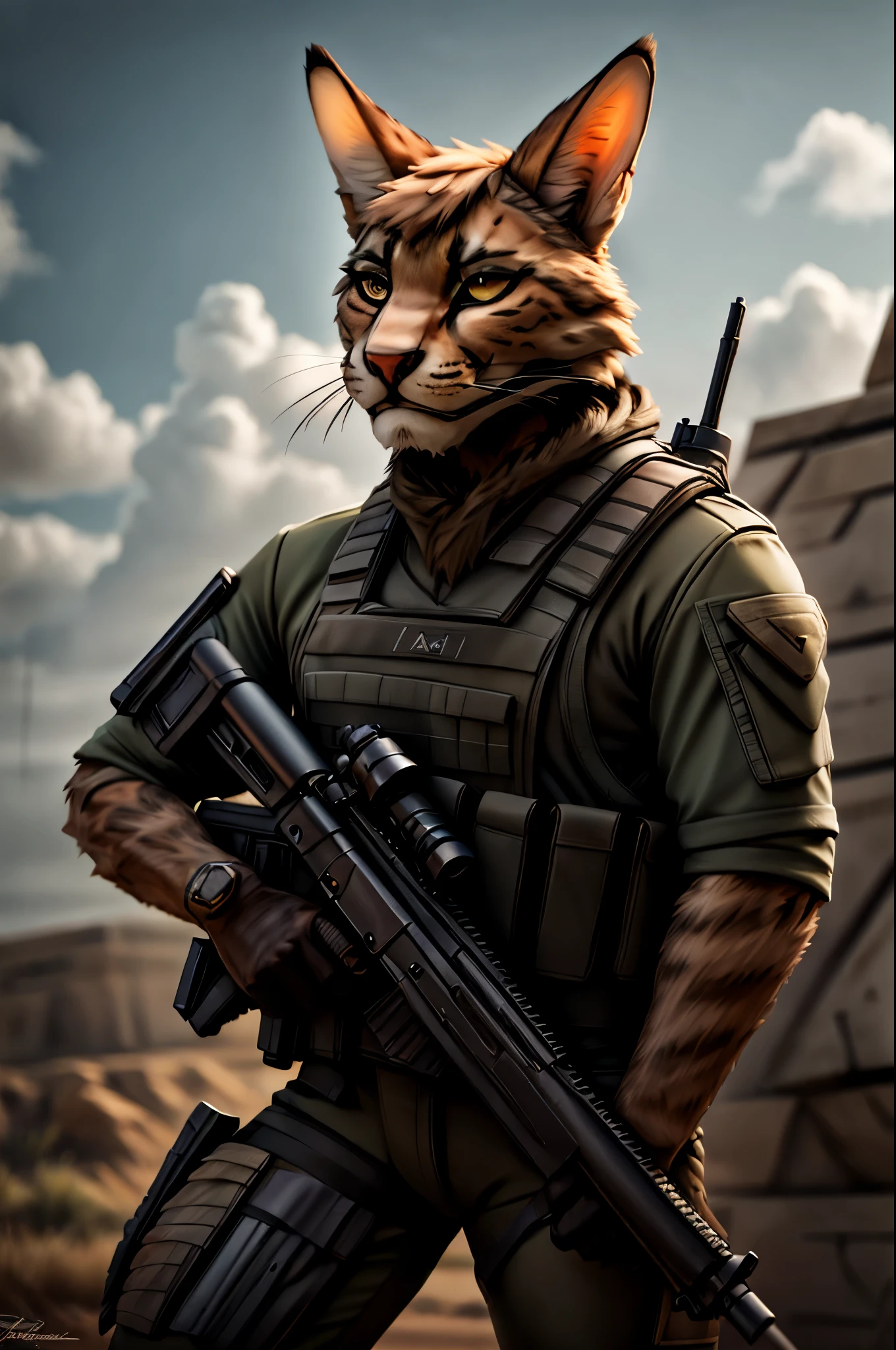 an anthropomorphic saber tooth cat marine holding a rifle while looking out to a battlefield over his shoulder. masterpiece, best, photo realistic