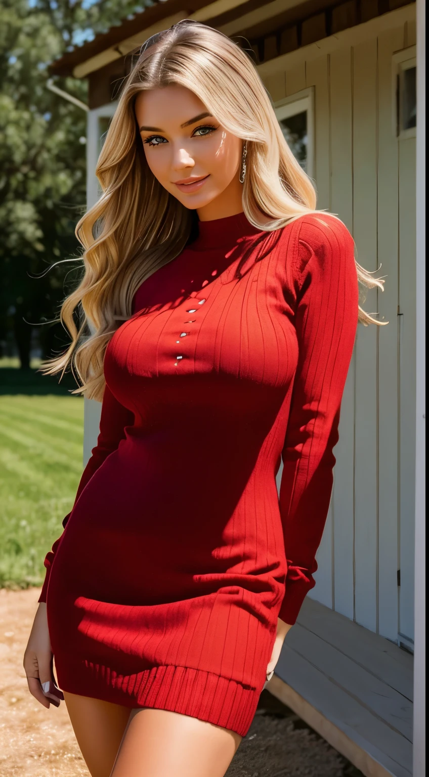 Foto hiperrealista en primer plano de Emily Sears, masterpiece, best quality, (photorealistic:1.4), (red sweater dress:1.1), heels, standing in the front of farmer house, sunny day,, cinematic light, beautiful woman, skinny, large big breasts, straight blond hair, detailed face, smile, facing the camera, photo taken from a distance, age of 20 years old