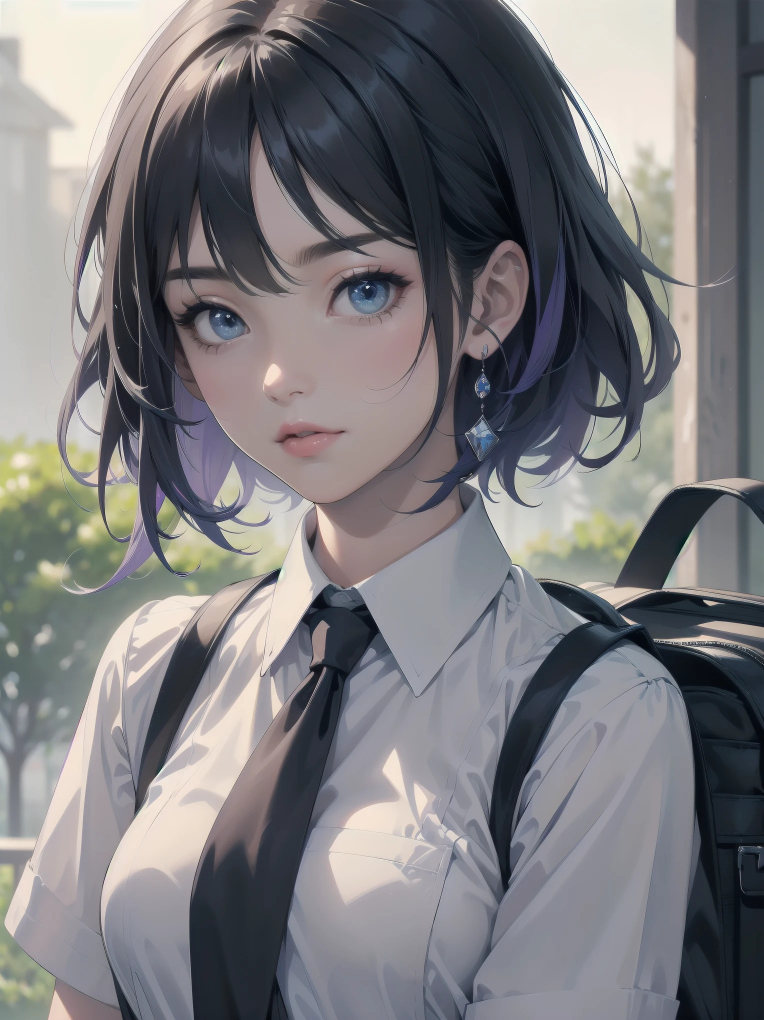 Masterpiece, top quality, super detailed, 16k, One girl, spring, high school, warm colors, school bag, accurate and highly detailed background, flock of schoolgirls in uniforms of various body shapes and hairstyles, cute. Blake. akane kurokawa, 1girl, short hair, blue hair, green eyes, black hair, medium hair, white shirt, collared shirt, , vest, white shirt, sweater vest, black vest, blue necktie, one-length bob, create bangs, add some lightness to the area around the face, and leave the ends of the hair thick throughout. dark blue-purple hair, blue eyes