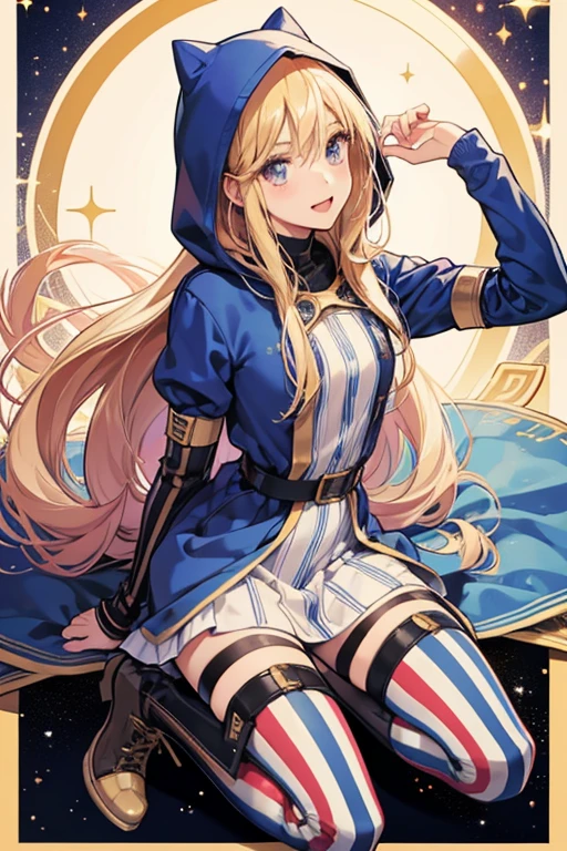 She has light, medium-length hair and an outfit generally consisting of a dress and striped tights. She also wears arm warmers and tall boots, both adorned with circular decorations.
Later, after she is by Funny Valentine, her outfit is simplified to only a dress and pair of pumps, and her hair is slightly longer than before. In SBR Chapter 95, Lucy is seen wearing a hood, while also regaining her arm warmers and boots but without any tights underneath. SPARKLE; GLITTER