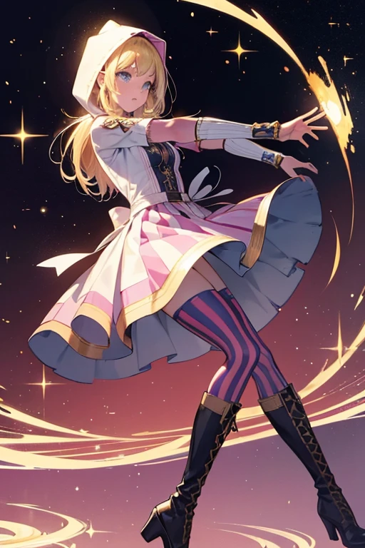 She has light, medium-length hair and an outfit generally consisting of a dress and striped tights. She also wears arm warmers and tall boots, both adorned with circular decorations.
Later, after she is by Funny Valentine, her outfit is simplified to only a dress and pair of pumps, and her hair is slightly longer than before. In SBR Chapter 95, Lucy is seen wearing a hood, while also regaining her arm warmers and boots but without any tights underneath. SPARKLE; GLITTER