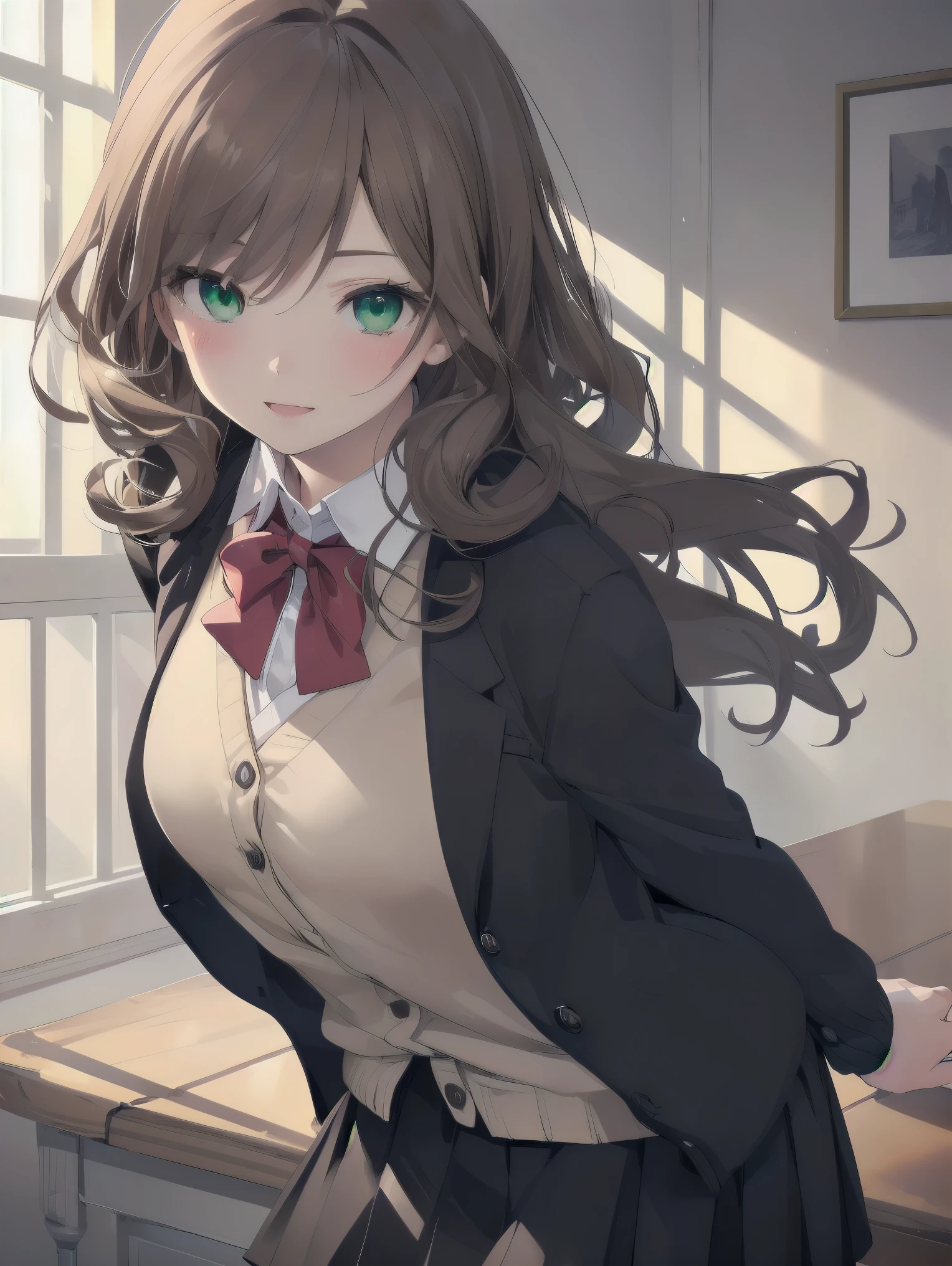 ((Tabletop, highest quality, High resolution, Perfect Pixel, Depth of written boundary, 4K))), One Girl, single, alone, Beautiful Anime Girls, Beautiful art style, Anime characters, ((Long Hair, bangs, Dark brown hair, Curly Hair:0.8)), ((Green Eyes:1.4, Fine grain, Beautiful Eyes, Perfect Eyes,Curled eyelashes, Realistic eyes)), ((Detailed face, Blushing:1.2)), ((Smooth texture:0.75, Realistic texture:0.5, Anime CG Style)), Medium chest, Dynamic Angle, Big Breasts, Perfect body, Dynamic pose, ((Red bow tie, , Black jacket, Open jacket, Brown cardigan, White shirt, Black Skirt, Checked skirt)), smile, Open your mouth, Put your arms behind your back, Leaning forward, Amalment Park
