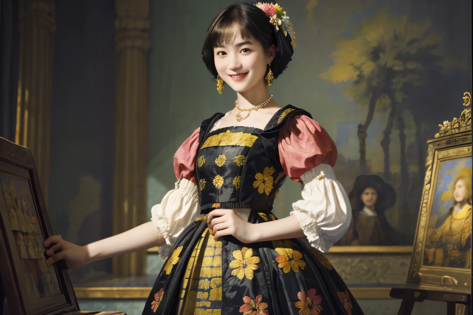 218 Short Hair, 20-year-old woman, A kind smile, Floral, (Colorful Dresses, Luxury palace), (Rembrandt painting)