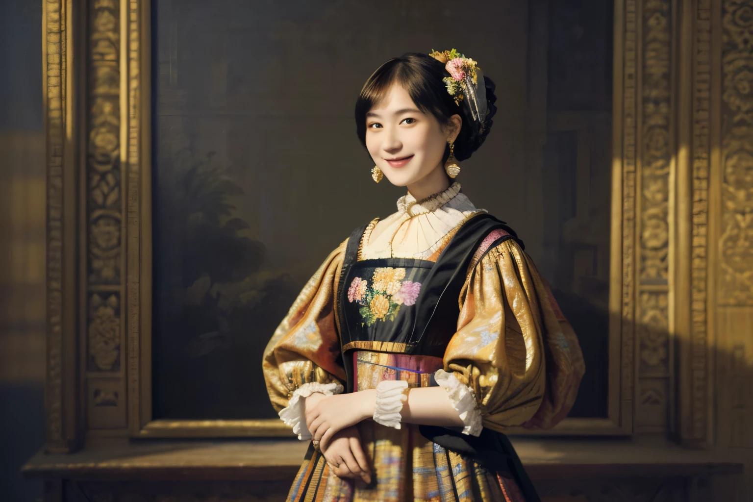 218 Short Hair, 20-year-old woman, A kind smile, Floral, (Colorful Dresses, Luxury palace), (Rembrandt painting)