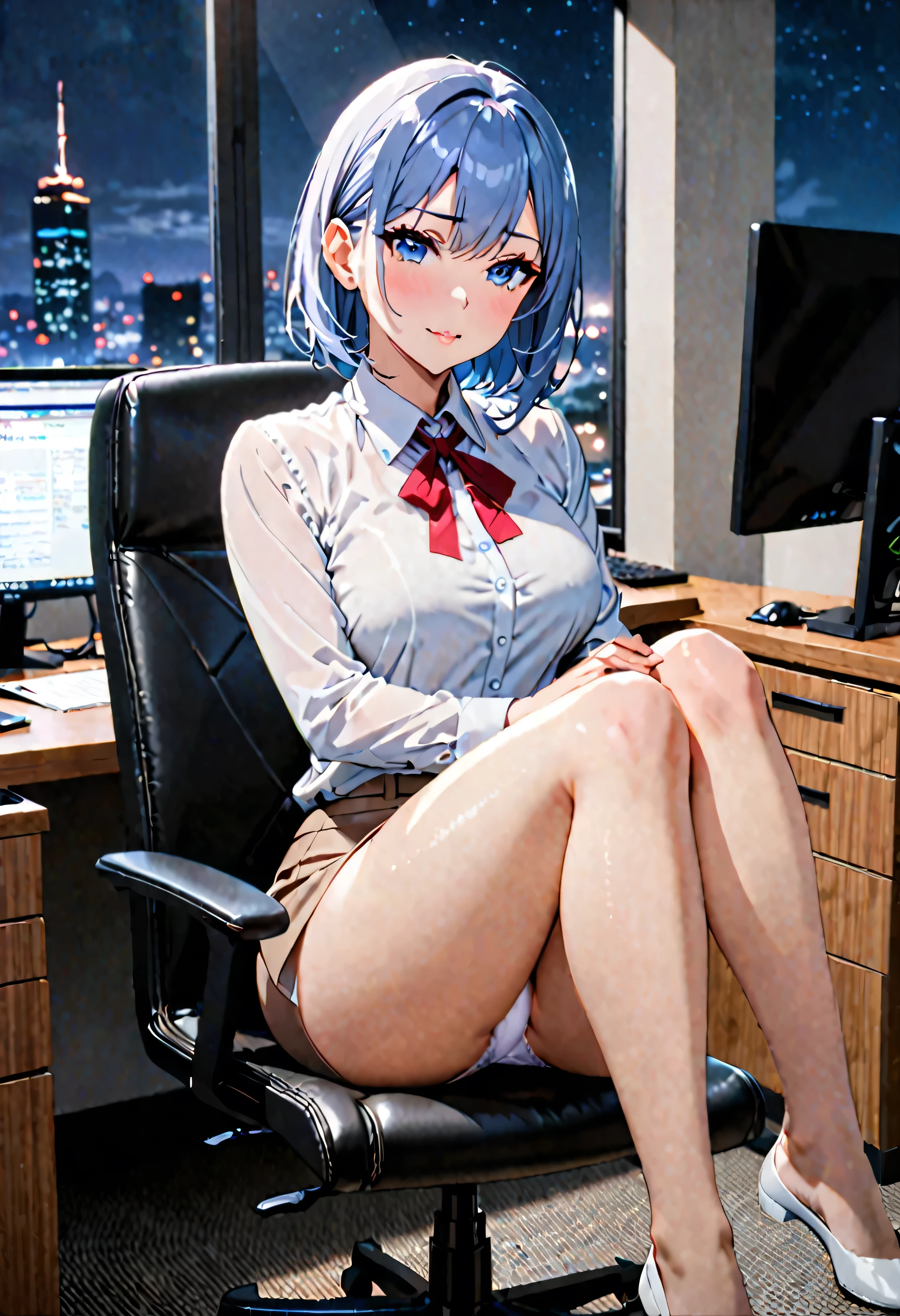 ((highest quality)), ((masterpiece)), (Get used to it), View your viewers,Japanese short blue hair,30-year-old female,Bust is C cup,Dress code:suit,Tight mini skirt,White panties,Put your feet together,Sitting on a chair,He has a tense face,Location:Day Office,One Woman,angle:front,Low - Angle,Location:Office at night