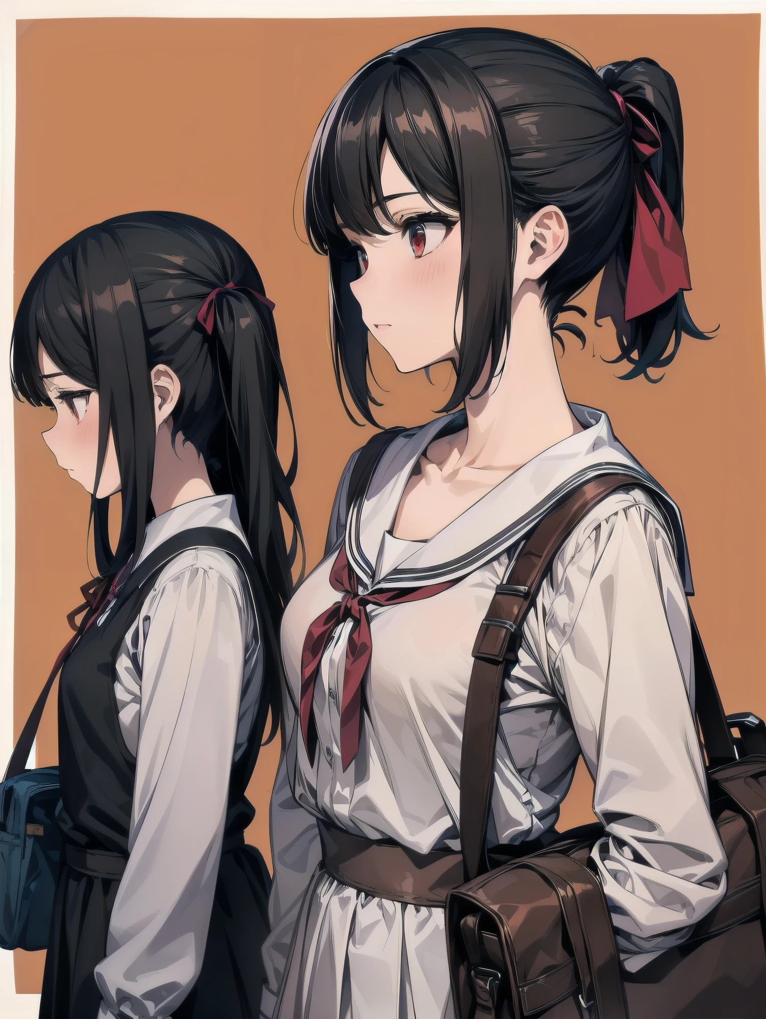 Masterpiece, top quality, super detailed, 16k, One girl, spring, high school, warm colors, school bag, accurate and highly detailed background, flock of schoolgirls in uniforms of various body shapes and hairstyles, cute. Blake. , red eyes, black hair, ribbon, red ribbon, hair ribbon, parted bangs, folded ponytail, , shuuchiin academy , dress, sidelocks, breasts, black dress, collarbone, short hair, long sleeves