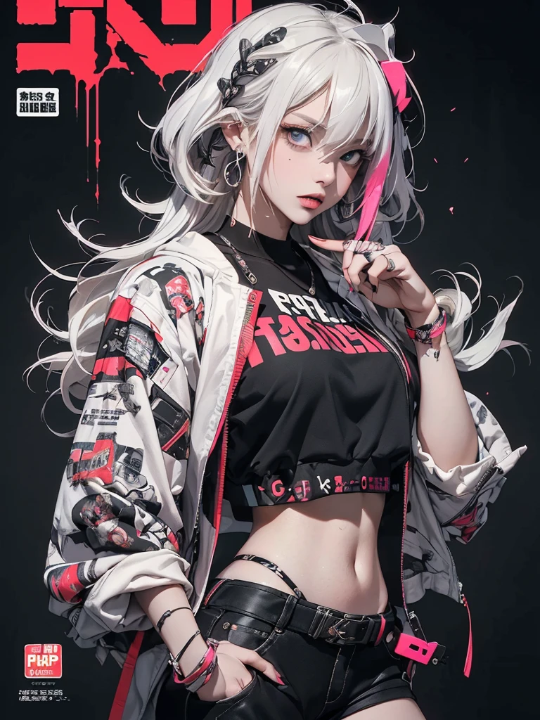((((dramatic))), (((gritty))), (((intense))) film poster featuring a young platinum white hair woman as the central character. She stands confidently in the center of the poster, wearing a stylish and edgy Harajuku-inspired hip hop outfit, with a determined expression on her face. The background is aesthetic atmospheric dark and gritty, with a sense of danger and intensity. The text is bold and attention-grabbing, with a catchy tagline that adds to the overall feeling of drama and excitement. The color palette is mainly dark with splashes of vibrant neon colors, giving the poster a dynamic and visually striking appearance,tachi-e
(magazine:1.3), (cover-style:1.3), fashionable, woman, vibrant, outfit, sexy seductive posing, front, colorful, dynamic, background, elements, confident, expression, holding, statement, accessory, majestic, coiled, around, touch, scene, text, cover, bold, attention-grabbing, title, stylish, font, catchy, headline, larger, striking, modern, trendy, focus, fashion,