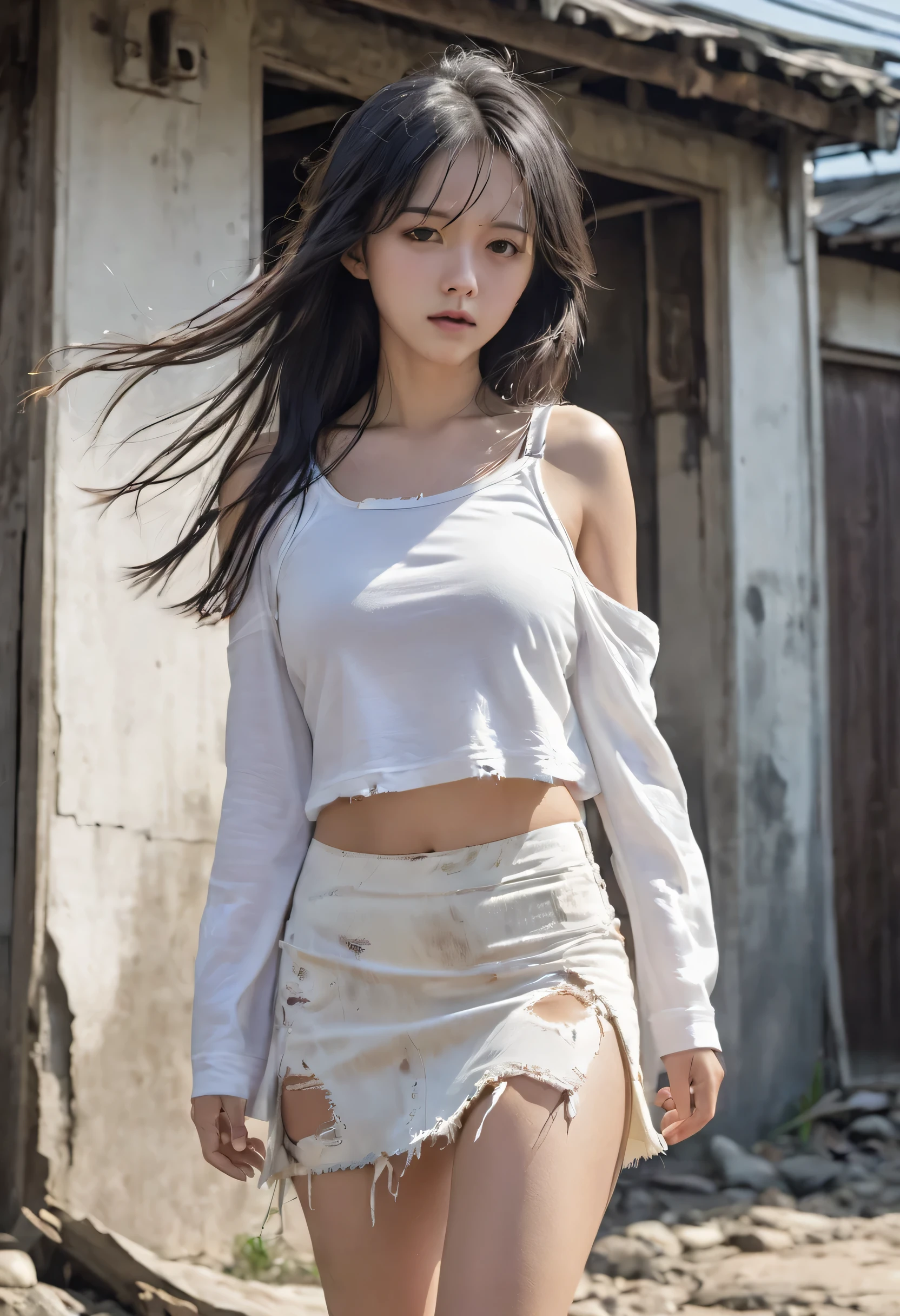 (highest quality, 4K. photograph, Fine:1.4), (A very dirty Japanese girl wandering around a deserted island:1.3), 18-year-old, Drifting Girl, Distressed Girl, very cute, Ragged black hair, In rags, A dirty and tattered white miniskirt, Very beautiful:1.2, I can see her thighs, Covered in scars, Half naked, A tattered and torn white camisole, covering one&#39;s chest with one&#39;s arms, Embarrassed and crying, Sleeveless, 裂けてI can see her thighs白いミニスカート:1.2, Appearance like a homeless person, Muddy&#39;s Shoes, Walking while crying, Deserted Island, washed ashore, Feeling embarrassed, Belly button, The whole body is dirty, A badly ripped white camisole, Like a wild , White shoes, Muddy, Tattered clothes, Torn white miniskirt, barefoot
