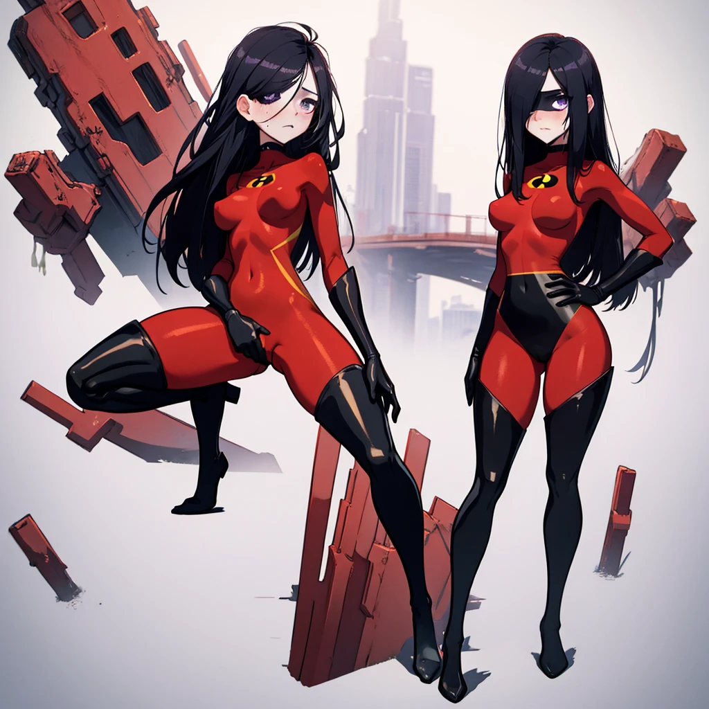 (full body),masterpiece, highest quality, One girl, Violet Par,  Long Hair, Black Hair,  Hair on one eye,  (Red hero suit)，Red bodysuit，black elbow gloves，Black Thigh Boots，Thick thighs，Place one hand on hip，Squat，Spread your legs，View your viewers, Looking down，Face to endure humiliation, Simple Background 