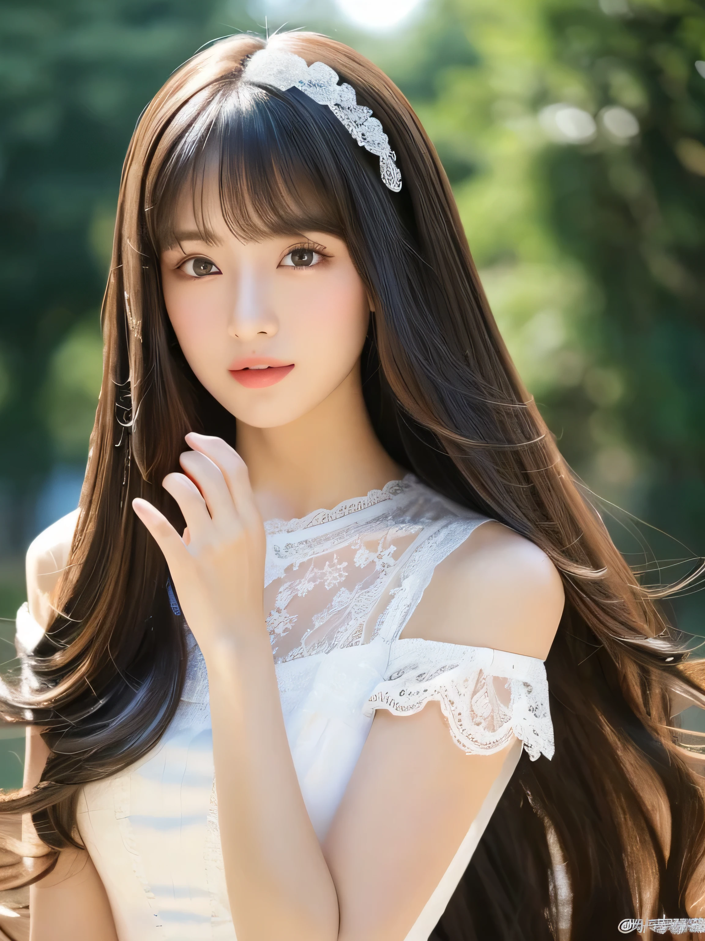 ((Full Shot:1.3)) (big 1.4) ((highest quality)), ((masterpiece)), (Get used to it), Perfect Face (1 girl) (Japanese) (She is 24 years old、The most beautiful fantasy girls in Japan) ((highest quality)), ((masterpiece)) ((Her incredibly straight, waist-length, high quality hair is very shiny and glossy and has a lot of volume and shine. Her hair is a deep black.)) (Her bangs are beautiful and lush:1.3) (She has perfect beautiful makeup Lipstick is light red Ilaner is a beautiful black) Anatomically correct hand Thin fingers Anatomically correct five fingers Beautiful Japanese girl face, (Long Hair shiny Long Hair, length, Shiny Thick black hair, length, Her hair is long and straight, Super Long Hair girl, Silky Hair, Silky Hair, length, Flat Hair, Silky texture, Long Hair, length, Flowing, Thick black hair, thin and shiny hair) Anatomically correct、White beautiful human skin and detail of hands and fingers Beautiful Eyes Mouth Details the corners of the mouth rise slightly Cool look (The eyebrows are dark brown in color) (She is wearing a fantasy pure white lace gown dress and healing spellcaster gear...:1.5 She is wearing a gorgeous white Victorian dress:1.I'wear 5..) (This is a forest in a fantasy world.:1.5) (She has a healing wand、Posing as if casting a healing spell:2.2) (Open your mouth:1.3) (She turns to the viewer and smiles sweetly..)