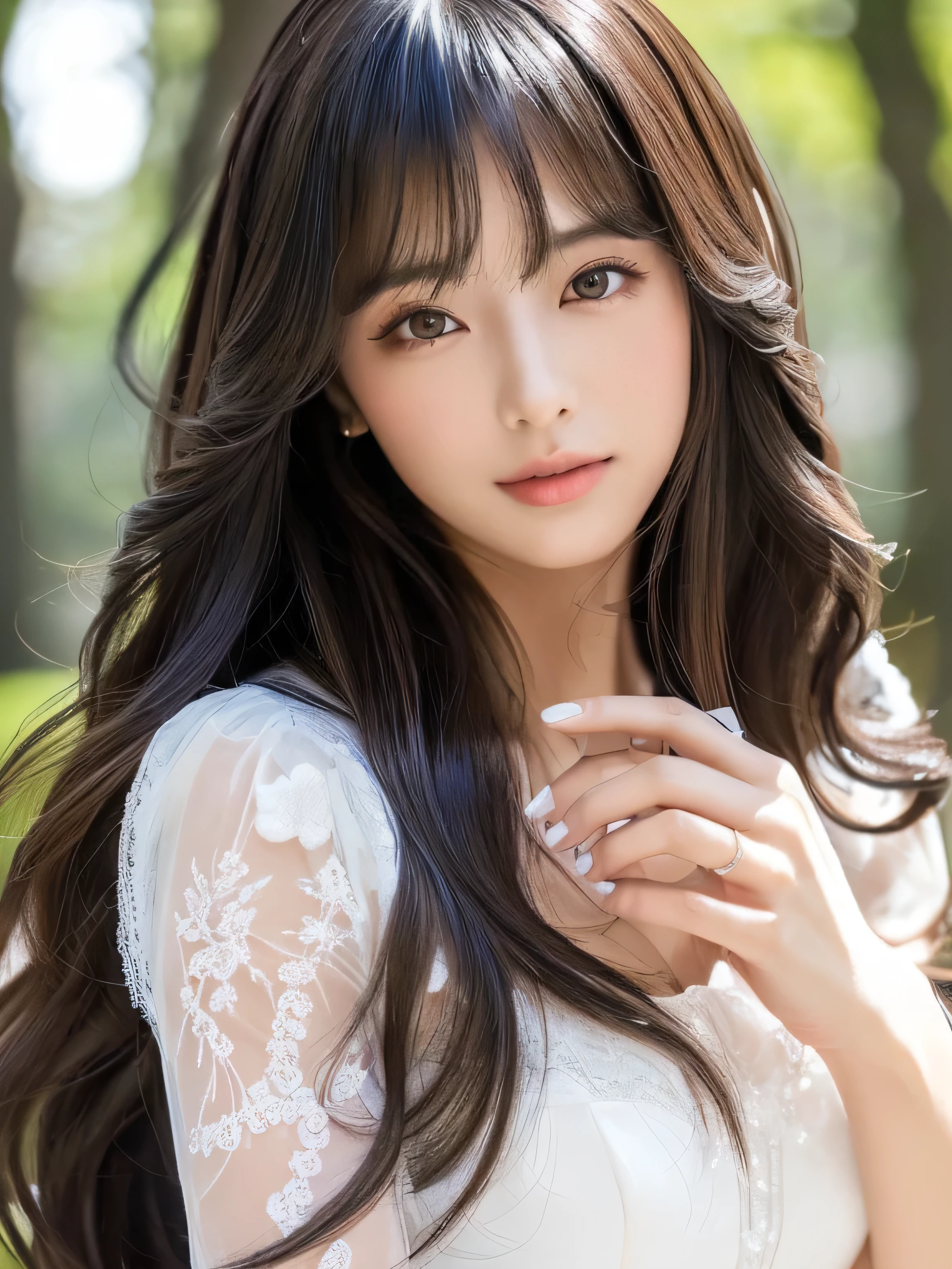 ((Full Shot:1.3))　(big 1.4)　((highest quality)), ((masterpiece)), (Get used to it), Perfect Face　(1 girl)　(Japanese)　(She is 24 years old、The most beautiful fantasy girls in Japan)　((highest quality)), ((masterpiece))　((Her incredibly straight, waist-length, high quality hair is very shiny and glossy and has a lot of volume and shine. Her hair is a deep black.))　(Her bangs are beautiful and full:1.3)　(She has perfect beautiful makeup　Lipstick is light red　Ilaner is a beautiful black)　Anatomically correct hand　Thin fingers　Anatomically correct five fingers　Beautiful Japanese girl face, (Long Hair shiny Long Hair, length, Shiny Thick black hair, length, Her hair is long and straight, Super Long Hair girl, Silky Hair, Silky Hair, length, Flat Hair, Silky texture, Long Hair, length, Flowing, Thick black hair, thin and shiny hair)　Anatomically correct、White beautiful human skin and detail of hands and fingers　Beautiful Eyes　Mouth Details　the corners of the mouth rise slightly　Cool look　　(The eyebrows are dark brown in color)　　(She is wearing a fantasy pure white lace gown dress and healing spellcaster gear..:1.5　She is wearing a gorgeous white Victorian dress:1.I&#39;wear 5..)　(This is a forest in a fantasy world.:1.5)　(She has a healing wand、Posing as if casting a healing spell:2.2)　(Open your mouth:1.3)　(She turns to the viewer and smiles sweetly.)