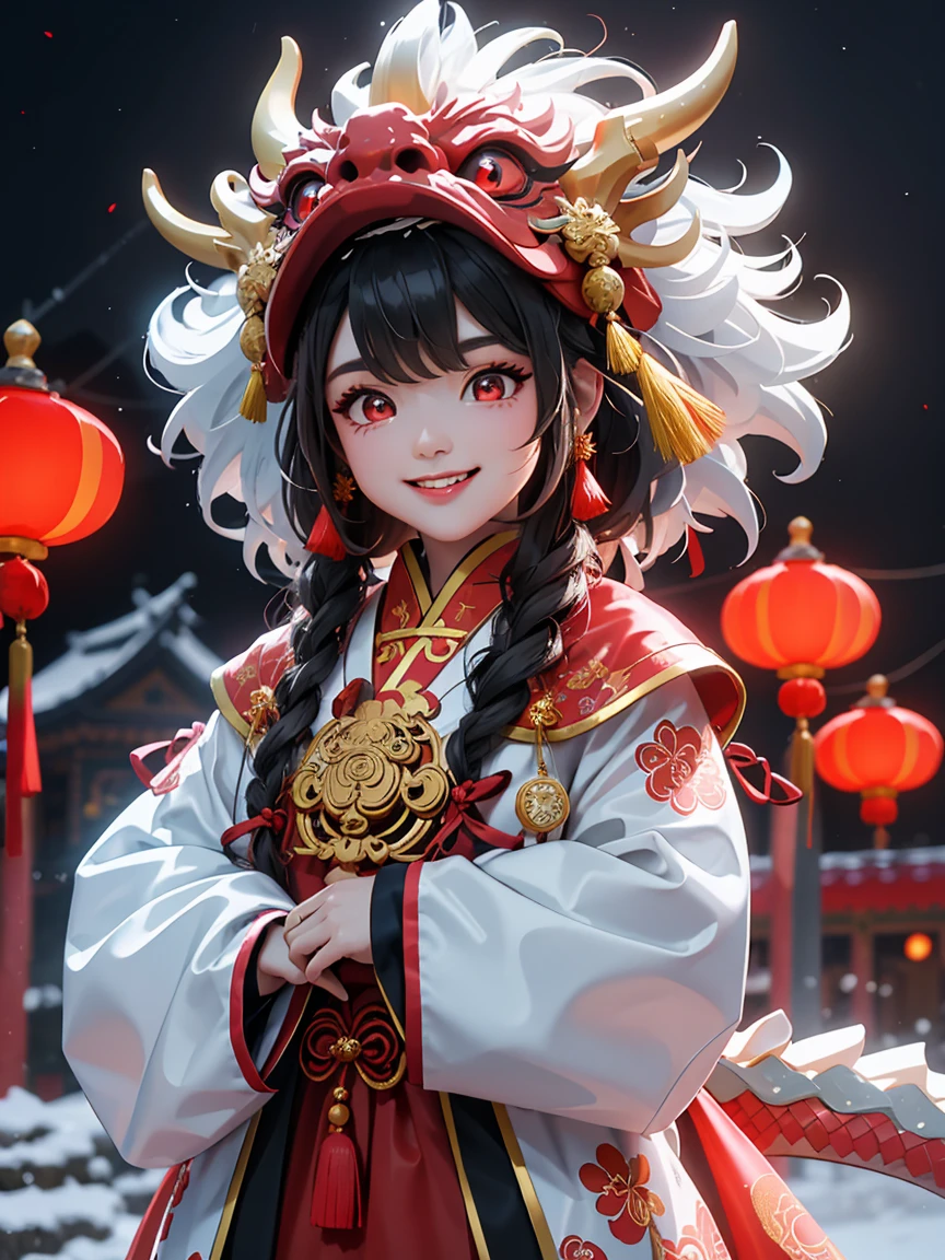 masterpiece,(best quality),Very detailed,Ultra Detailed, (1 girl), Chinese traditional clothing, Red衣服, dragon hat, dragon, Vivid appearance, eyes full of joy, Bright fireworks, Kaneko, Red, Smiley Face, Red Lantern, warm light, Festive mood, Bustling streets, Expressions of joy and excitement, The unique charm of the Spring Festival Gala, High definition resolution, artwork.