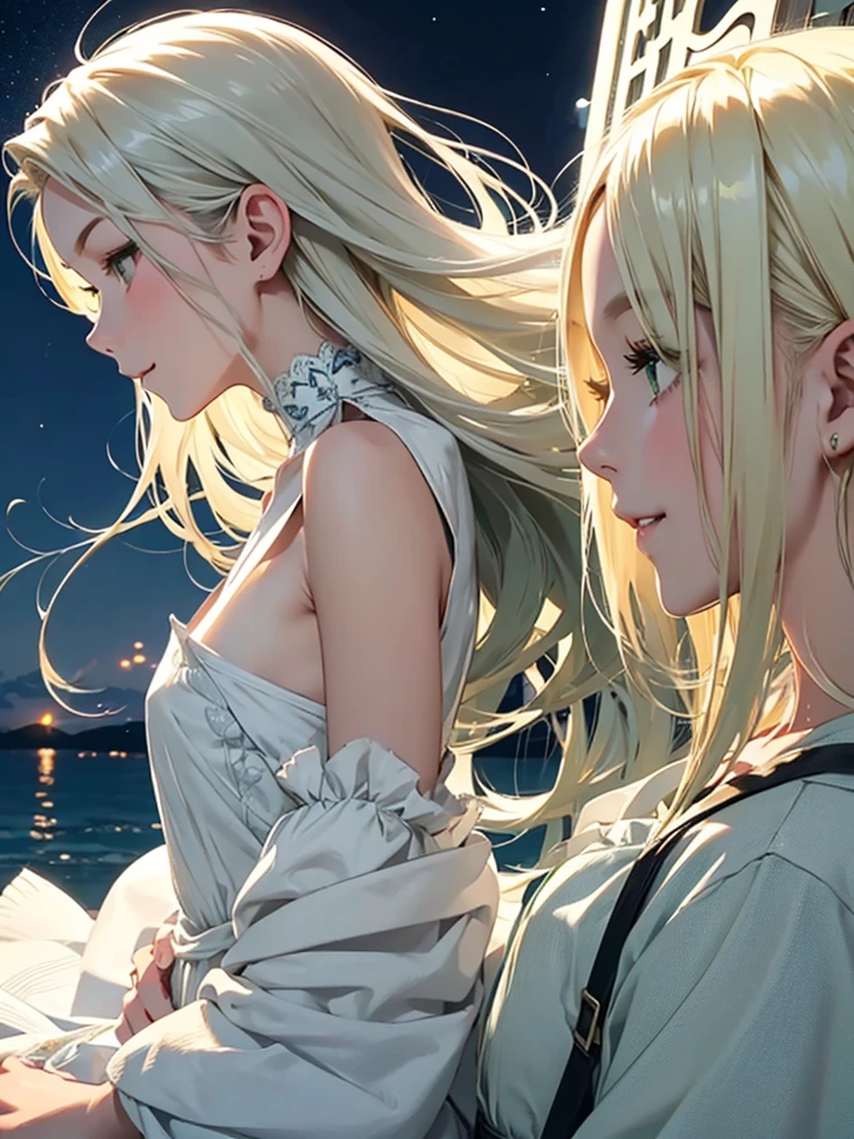 highest quality、Realistic、Women、Japanese、zoom、look up、cute、smile、night、Seaside、green eyes、Platinum Blonde Hair、long hair、Blowing in the Wind、profile、 Dresses、Face close-up、slender、Small breasts