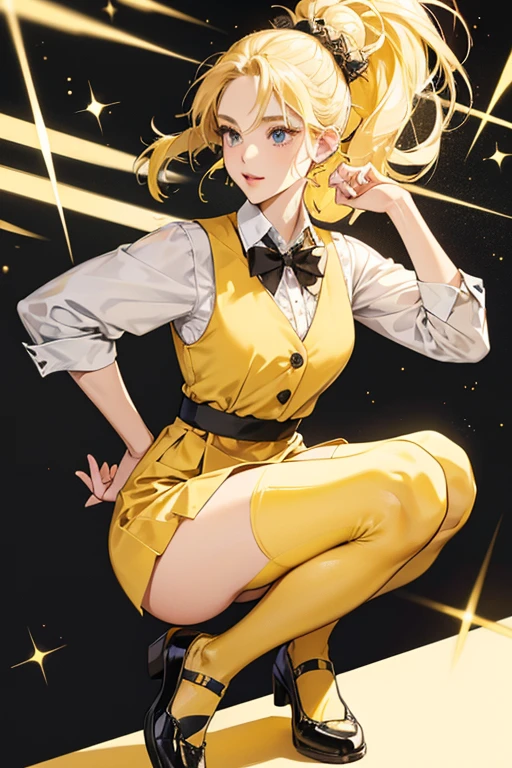 Ms. Noguchi is a short, blonde, svelte woman. She has blonde hair combed into a loose top knot tied with a bow tie.

Noguchi wears a white blouse under a dark sleeveless vest. She also wears yellow tights with holes and plain black shoes. SPARKLE; GLITTER
