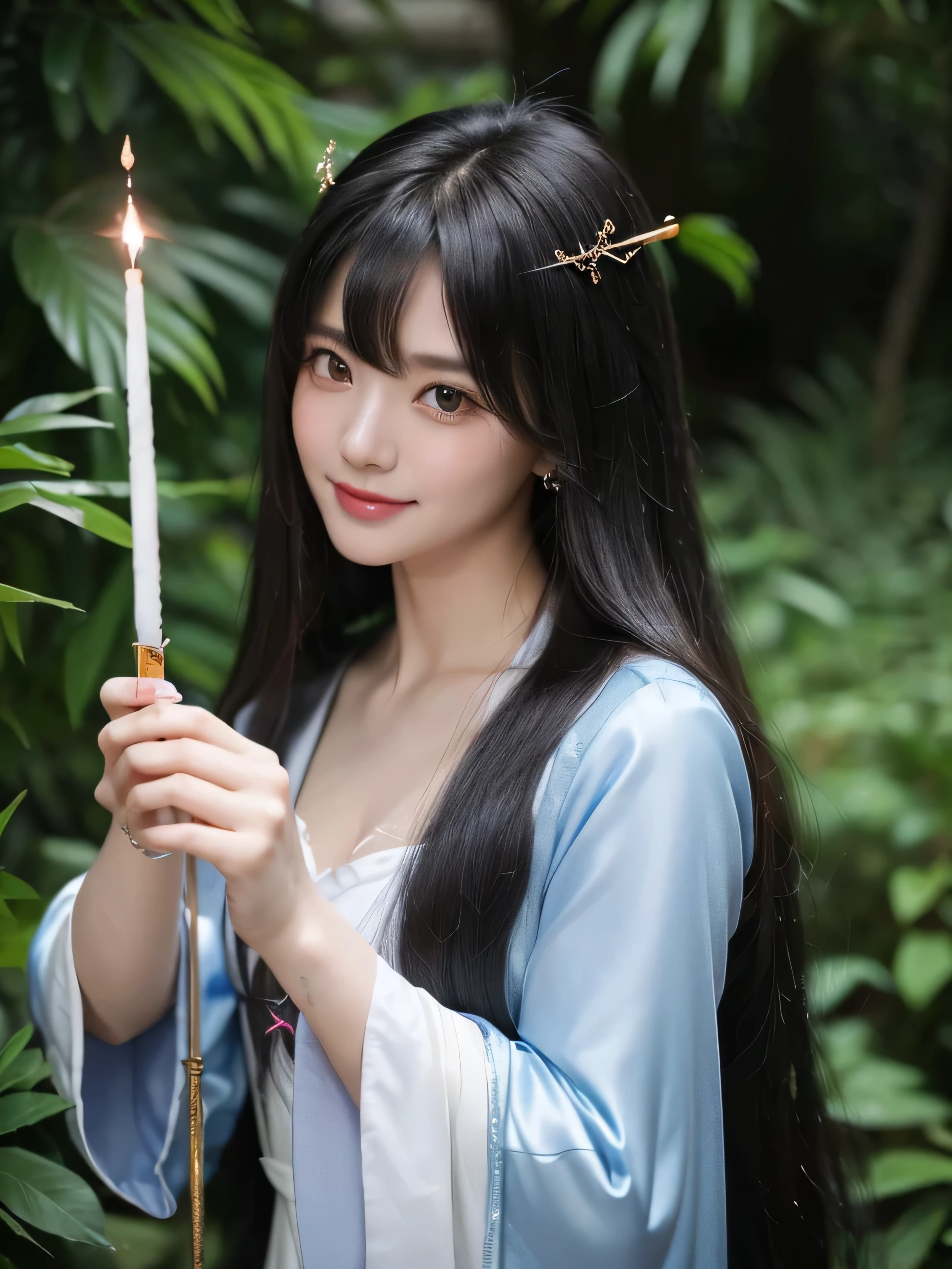 ((Full Shot:1.3)) (big 1.4) ((highest quality)), ((masterpiece)), (Get used to it), Perfect Face (1 girl) (Japanese) (She is 24 years old、The cutest and most beautiful fantasy girl in Japan) ((highest quality)), ((masterpiece)) ((Her incredibly straight, waist-length, high quality hair is very shiny and glossy and has a lot of volume and shine. Her hair is a deep black.)) (Her bangs are beautiful and full:1.3) (She has perfect beautiful makeup Lipstick is light red Ilanar is a beautiful black) Anatomically correct hand Thin fingers Anatomically correct five fingers Beautiful Japanese girl face, (Long Hair shiny Long Hair, length, Shiny Thick black hair, length, Her hair is long and straight, Super Long Hair girl, Silky Hair, Silky Hair, length, Flat Hair, Silky texture, Long Hair, length, Flowing, Thick black hair, thin and shiny hair) Anatomically correct、White beautiful human skin and detail of hands and fingers Beautiful Eyes Mouth Details the corners of the mouth rise slightly Cool look (The eyebrows are dark brown in color) (She is wearing the gorgeous white dress worn by Cinderella in the live-action version Disney Color Photos、tumbler、Renaissance、Cinderella、She is wearing a gorgeous white Victorian dress..) (This is a forest in a fantasy world.:1.5) (She has a healing wand、Posing as if casting a healing spell:2.2) (Open your mouth:1.3) (She turns to the viewer and smiles sweetly.)