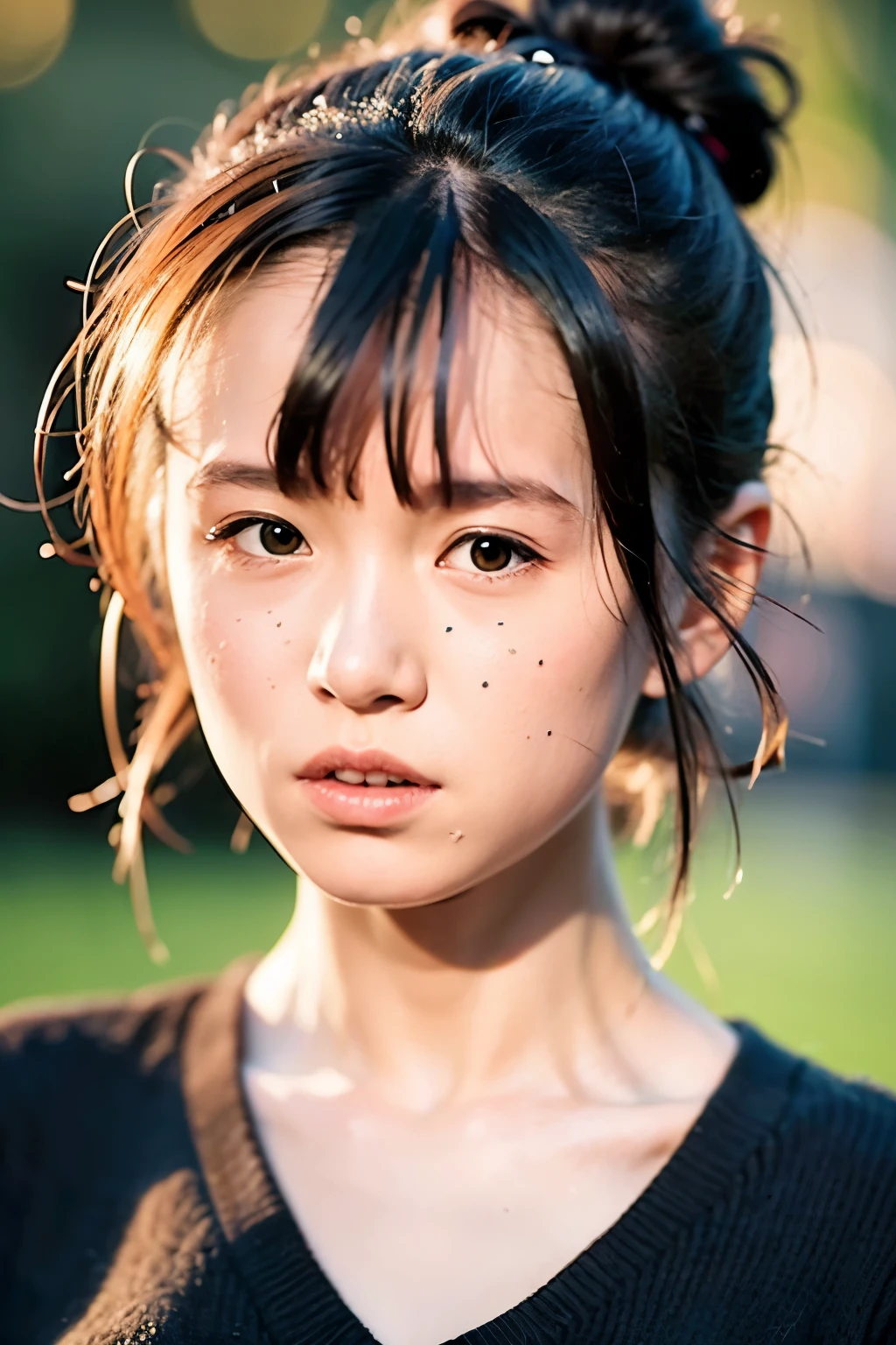8k, born, highest quality, Ultra-high resolution, One girl, Portraiture, close, Perfect lighting, Hair Bun, bangs, Are standing, Are crying, Tears, ((Tears shed)), Tears fall, Tears on face, sad, sad face, Shining Tears in eyes, ((Closed lips)), Shining Eyes, Shining Tears, Glistening tears, Glowing Eyes
,akinav1,