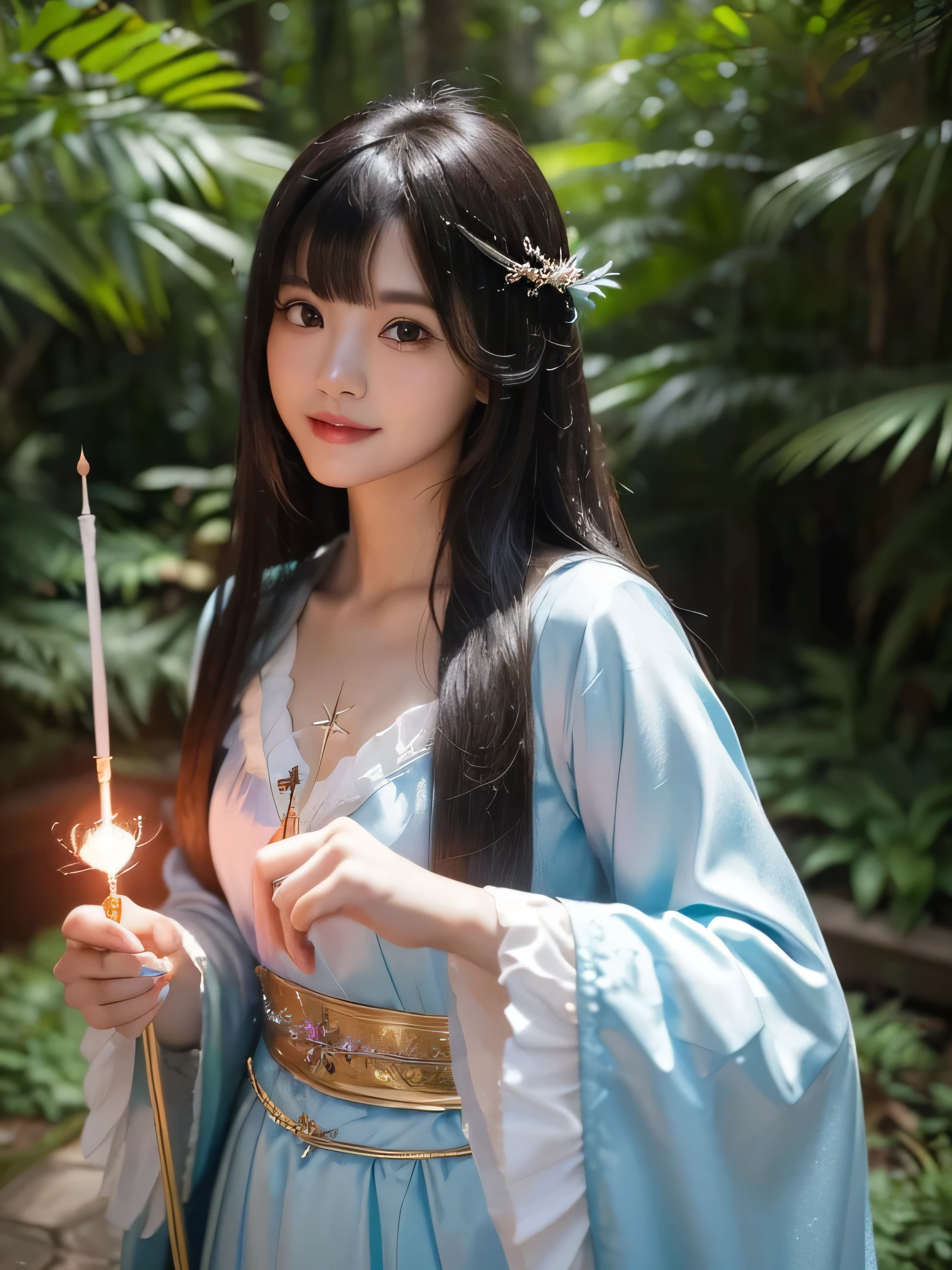 ((Full Shot:1.3))　(big 1.4)　((highest quality)), ((masterpiece)), (Get used to it), Perfect Face　(1 girl)　(Japanese)　(She is 24 years old、The cutest and most beautiful fantasy girl in Japan)　((highest quality)), ((masterpiece))　((Her incredibly straight, waist-length, high quality hair is very shiny and glossy and has a lot of volume and shine. Her hair is a deep black.))　(Her bangs are beautiful and full:1.3)　(She has perfect beautiful makeup　Lipstick is light red　Ilanar is a beautiful black)　Anatomically correct hand　Thin fingers　Anatomically correct five fingers　Beautiful Japanese girl face, (Long Hair shiny Long Hair, length, Shiny Thick black hair, length, Her hair is long and straight, Super Long Hair girl, Silky Hair, Silky Hair, length, Flat Hair, Silky texture, Long Hair, length, Flowing, Thick black hair, thin and shiny hair)　Anatomically correct、White beautiful human skin and detail of hands and fingers　Beautiful Eyes　Mouth Details　the corners of the mouth rise slightly　Cool look　　(The eyebrows are dark brown in color)　　(She is wearing the gorgeous white dress worn by Cinderella in the live-action version 　Disney Color Photos、tumbler、Renaissance、Cinderella、She is wearing a gorgeous white Victorian dress..)　(This is a forest in a fantasy world.:1.5)　(She has a healing wand、Posing as if casting a healing spell:2.2)　(Open your mouth:1.3)　(She turns to the viewer and smiles sweetly.)
