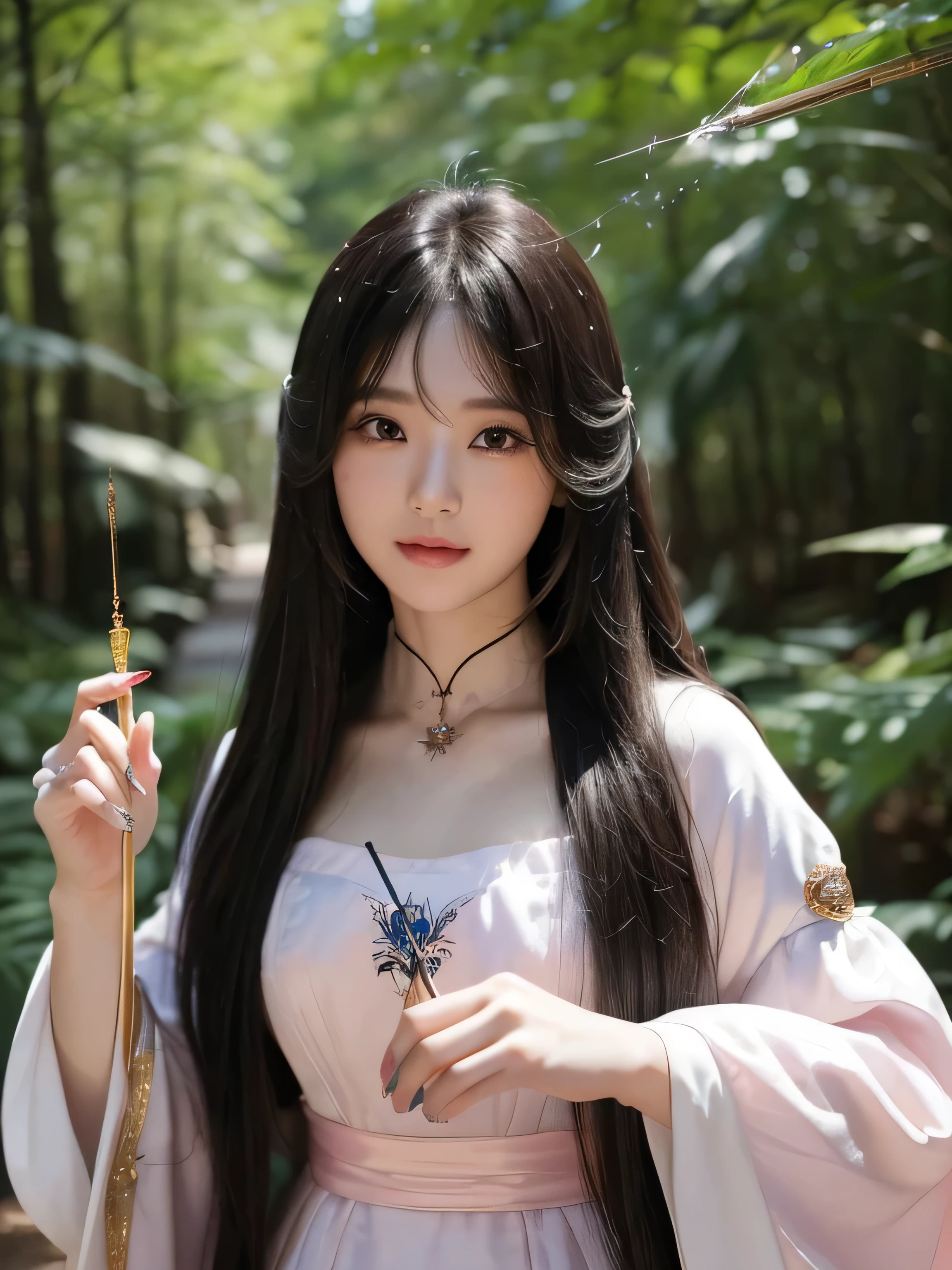 ((Full Shot:1.3)) (big 1.4) ((highest quality)), ((masterpiece)), (Get used to it), Perfect Face (1 girl) (Japanese) (She is 24 years old、The cutest and most beautiful fantasy girl in Japan) ((highest quality)), ((masterpiece)) ((Her incredibly straight, waist-length, high quality hair is very shiny and glossy and has a lot of volume and shine. Her hair is a deep black.)) (Her bangs are beautiful and full:1.3) (She has perfect beautiful makeup Lipstick is light red Ilanar is a beautiful black) Anatomically correct hand Thin fingers Anatomically correct five fingers Beautiful Japanese girl face, (Long Hair shiny Long Hair, length, Shiny Thick black hair, length, Her hair is long and straight, Super Long Hair girl, Silky Hair, Silky Hair, length, Flat Hair, Silky texture, Long Hair, length, Flowing, Thick black hair, thin and shiny hair) Anatomically correct、White beautiful human skin and detail of hands and fingers Beautiful Eyes Mouth Details the corners of the mouth rise slightly Cool look (The eyebrows are dark brown in color) (She is wearing the gorgeous white dress worn by Cinderella in the live-action version Disney Color Photos、tumbler、Renaissance、Cinderella、She is wearing a gorgeous white Victorian dress..) (This is a forest in a fantasy world.:1.5) (She has a healing wand、Posing as if casting a healing spell:2.2) (Open your mouth:1.3) (She turns to the viewer and smiles sweetly.)