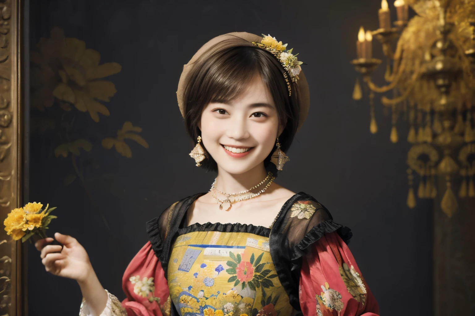 218 Short Hair, 20-year-old woman, A kind smile, Floral, (Colorful Dresses, Luxury palace), (Rembrandt painting)
