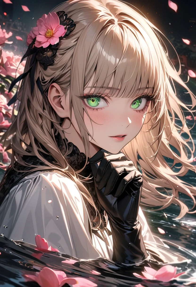 Ultra detailed, Highres, absurdres, HDR, master piece, Aida, ash blond hair with bangs, expressive green eyes, extremely beautiful, Jujutsu Kaisen, black ribbon on the side of her hair, woman, solo, extremely detailed eyes and face, white dress with black patterns, water, pink petals, glittering, black gloves, pink flowers,