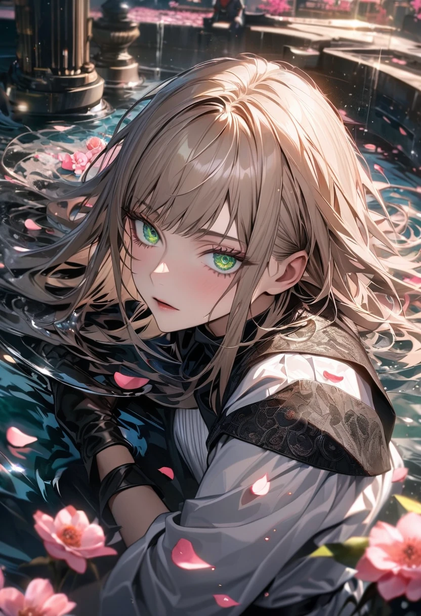 Ultra detailed, Highres, absurdres, HDR, master piece, Aida, ash blond hair with bangs, expressive green eyes, extremely beautiful, Jujutsu Kaisen, black ribbon on the side of her hair, woman, solo, extremely detailed eyes and face, white dress with black patterns, water, pink petals, glittering, black gloves, pink flowers,