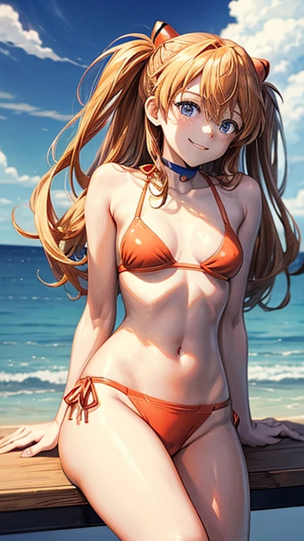 Perfect Face、Asuka Langley、Ample breasts、Slim fit、bikini、The viewpoint is the front、looking at the camera、Smiling and talking、Arms folded and placed on the desk、