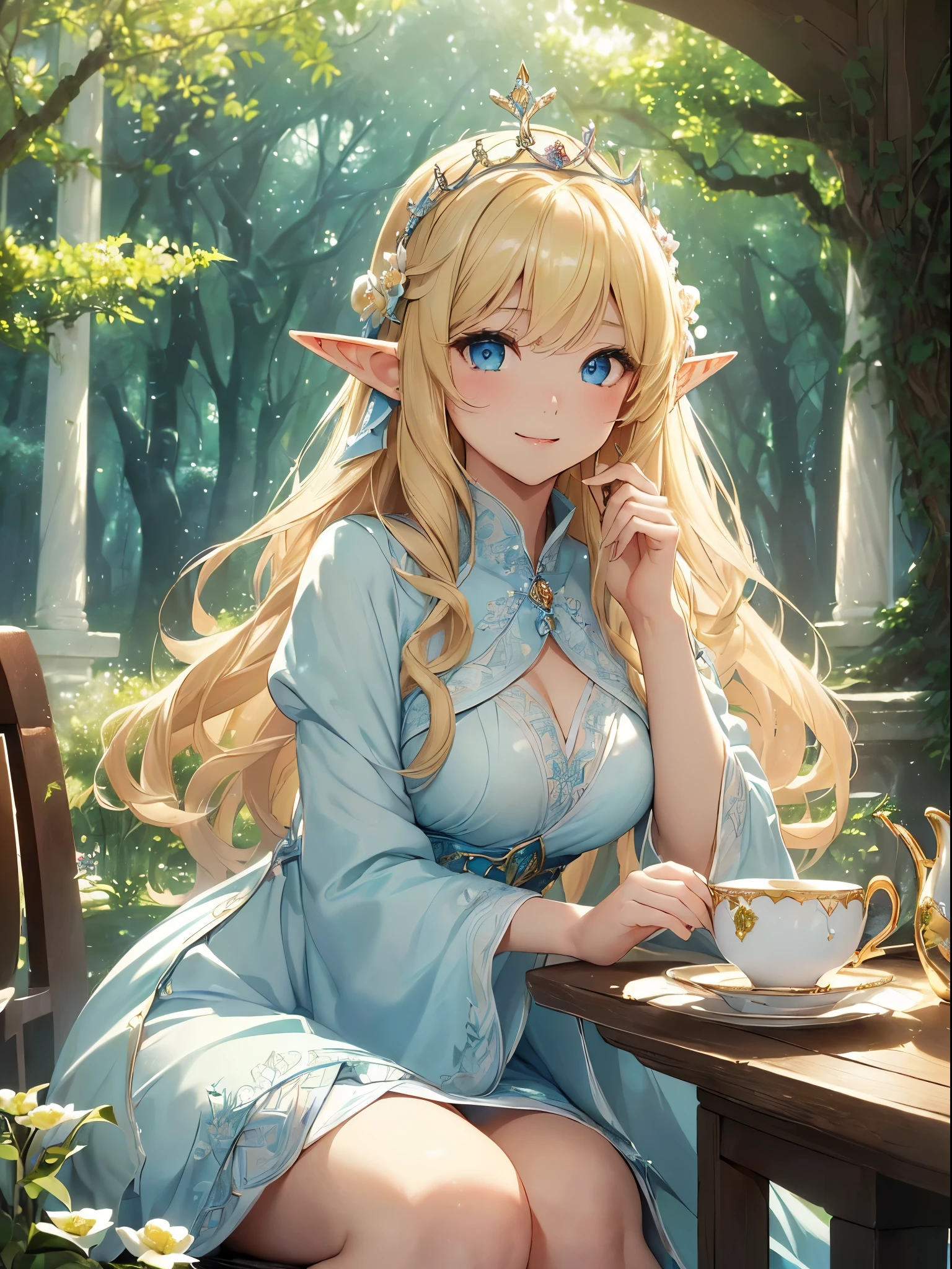 最high quality、Best image quality、masterpiece、The season is spring、Elf Beauty((20-year-old、Best Bust、、Bust 90,Beautiful Blue Eyes、,Blonde long hair、In a beautiful white dress、Close-up、Sitting on a chair、table、tea、flower、flower瓶、Magic Harp、Beautiful thighs、、Beautiful tiara、high quality、Beautiful art、、Visual Arts、Depth of written boundary、reading、 、Low angle、Sexy、Elf Ears、、The magic of light、In the beautiful forest、、Smile、Gentle light、Magic Palace