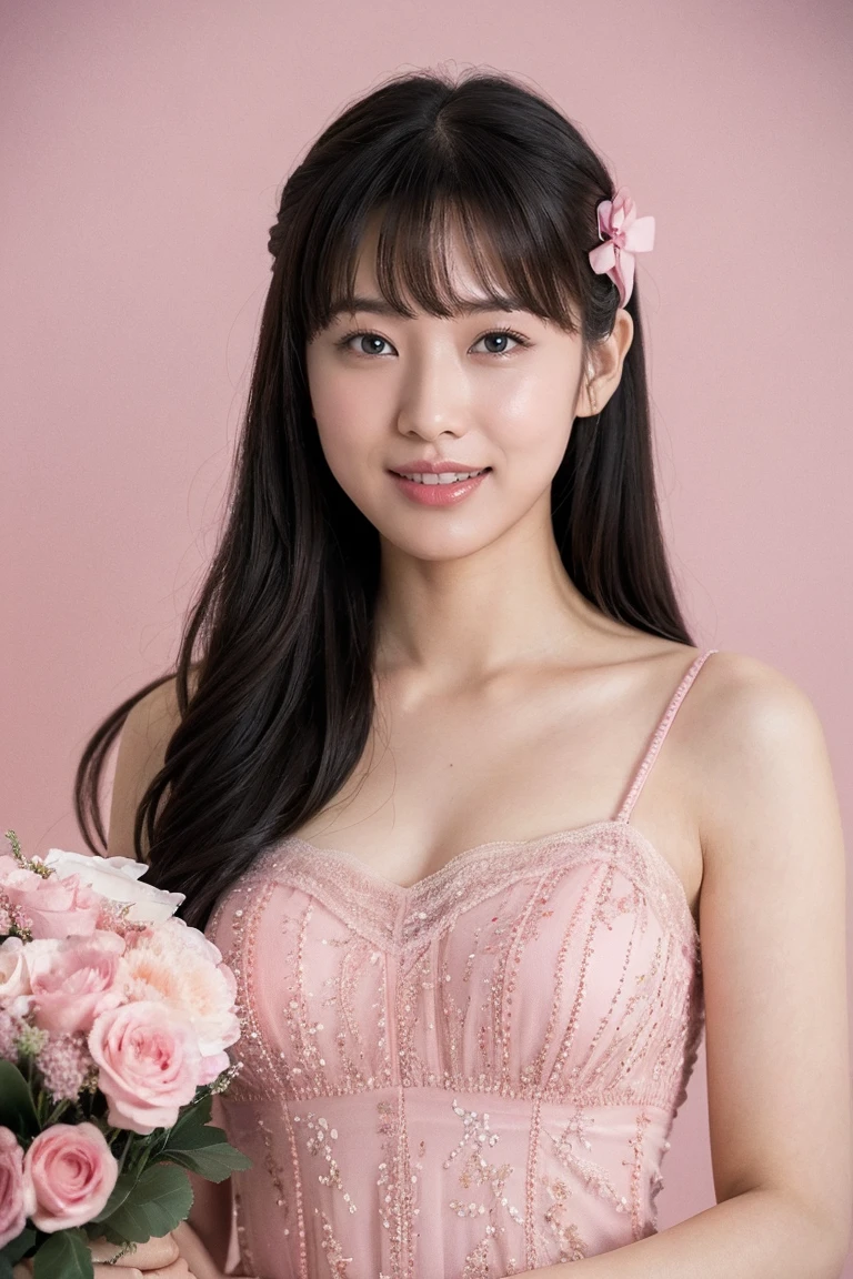 Medium View, Medium Shot, Written boundary depth, bust, Upper Body, Cinematic Angles, masterpiece, highest quality, Very detailed, cg, 8K Wallpaper, Beautiful Face, Delicate eyes, Otome, alone, smile, bangs, have,pink dot colored dresses, bow, petal, bouquet