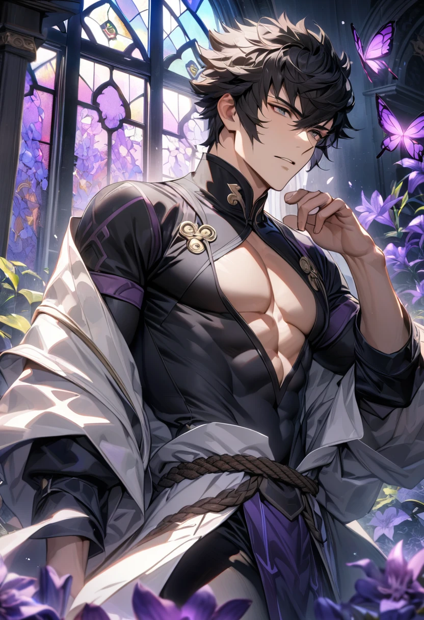 absurdres, highres, ultra detailed, HDR, master piece, best quality, Lon'qu, black hair, expressive grey eyes, Fire Emblem Awakening, solo, sexy man, handsome, white coat, black tight shirt, toned chest, glass stained window, purple shining butterflies, purple lilies, purple petals, garden