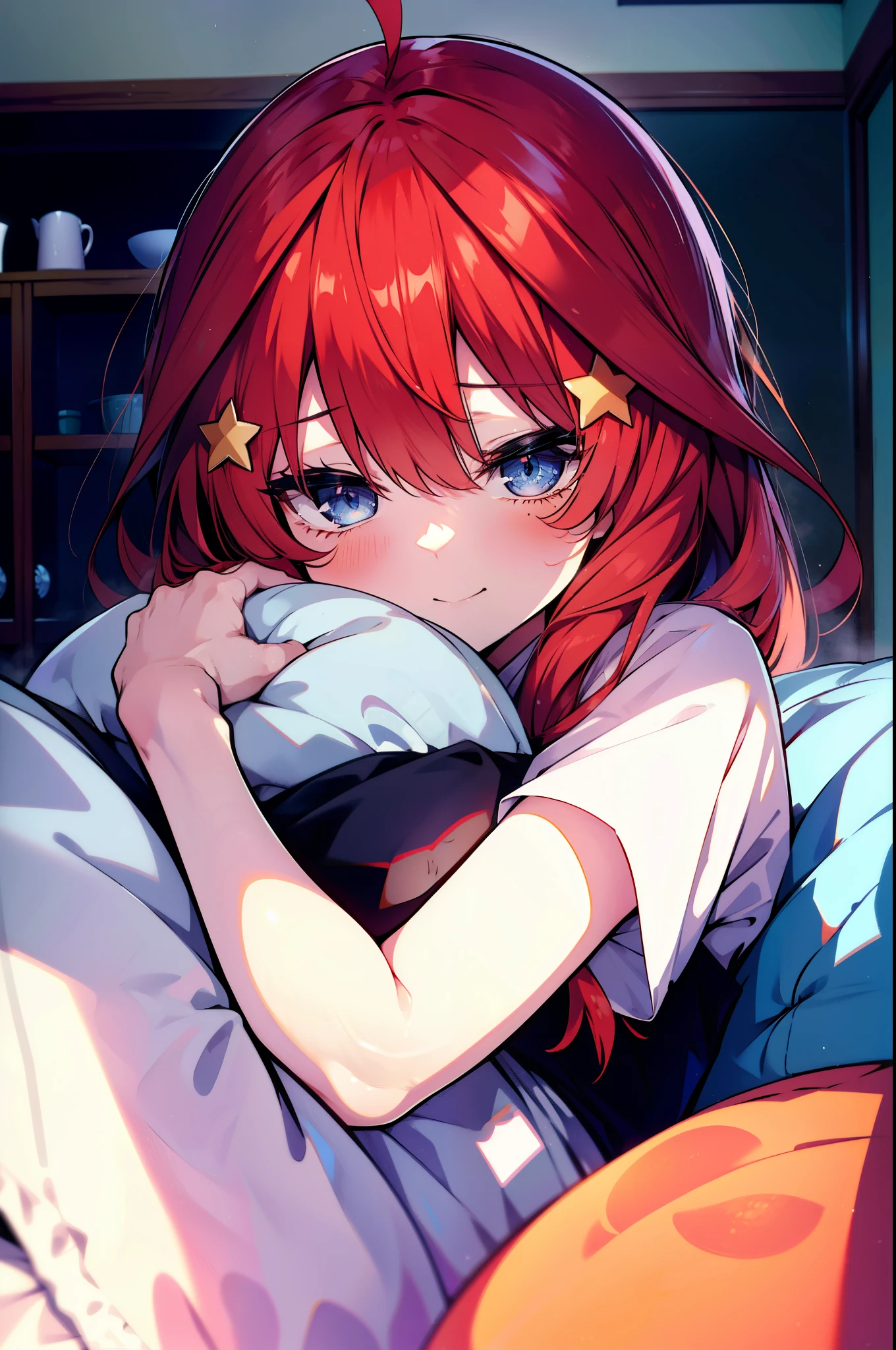 itsukinakano, Itsuki Nakano, bangs, blue eyes, Hair between the eyes, Ahoge, Redhead, star \(symbol\), hair ornaments, star hair ornaments,smile,Open your mouth,
Looks sleepy,Oversized T-shirt,Black string underwear,barefoot,Body pillow,cushion,Holding a big pillow in both arms,Put your face on the pillow,Sitting on the bed,morning,morning陽,The sun is rising　　　　　　　　　　　　　　　　　　 　　　break indoors, Bedroom, 　　　　　　　　　　　　　　　break looking at viewer, (Cowboy Shot:1. 5)　　　　　　　　　　　　　　　　　　　　　break (masterpiece:1.2), highest quality, High resolution, unity 8k wallpaper, (shape:0.8), (Beautiful details:1.6), Highly detailed face, Perfect lighting, Extremely detailed CG, (Perfect hands, Perfect Anatomy),