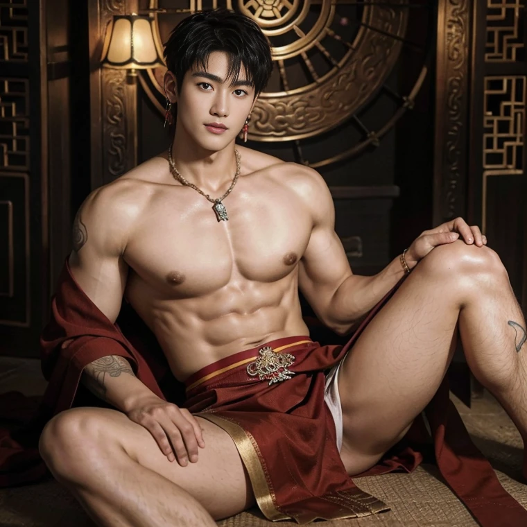 handsome boy tibetan , naked, smiling, catching eyes , Chinese Men God, Mythology, realistic, Chinese odyssy, super Handsome,manly, kpop idol, handsome korean actor, 20 years old,, detailed face, manly jawline, manly chin, detailed mess curly styling hair, Topless, Muscles, big chest Athlete body, Full Frame,full body shoots, Sexy, realistic, human skin, tattoo breast, Professional studio Lighting, long red tibetan Outfit, jade and golden pendent all over , detailed jewery in dress, earings,Chinese ancient tibetan temple Background,out door, super detailed background,look at camera , open mouth,naked, sexy loincloth Underwear, super long big dick , perfect flawless dick, tibetan Warrior, Hanfu red wedding dress, tibetan Male, tibet Nobel, Seduce , bare chest , tattoo chest, tattoo arms, tattoo hands, tattoo back, tattoo legs , detailed buddism tattoos, big juicy butts, bare butts, legs open in M shape