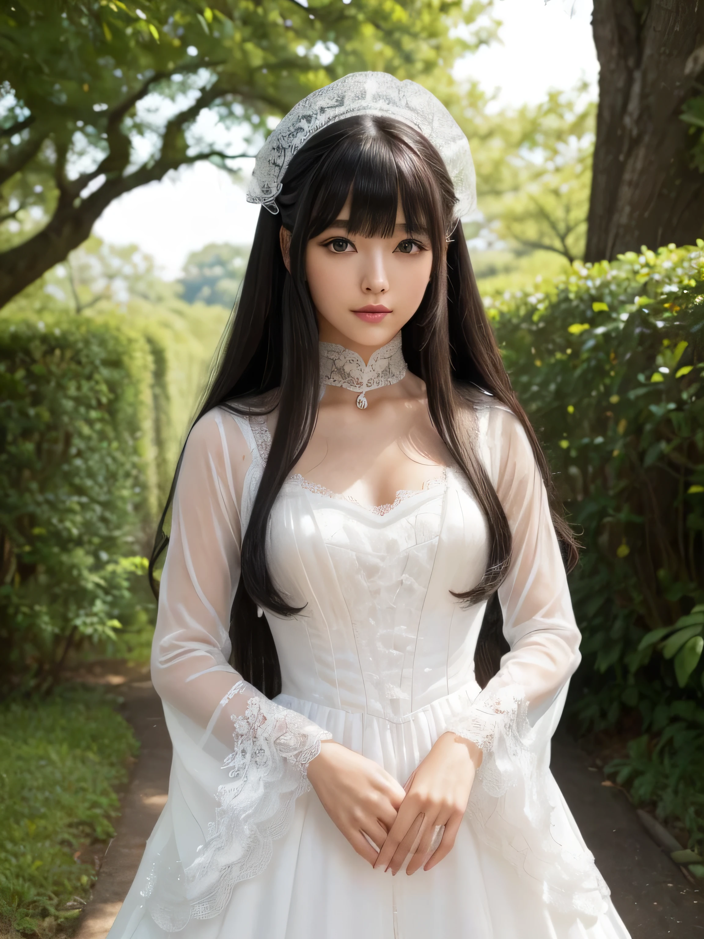 ((Full Shot:1.3)) (big 1.4) ((highest quality)), ((masterpiece)), (Get used to it), Perfect Face (1 girl) (Japanese) (She is 24 years old、The most beautiful fantasy girls in Japan) ((highest quality)), ((masterpiece)) ((Her incredibly straight, waist-length, high quality hair is very shiny and glossy and has a lot of volume and shine. Her hair is a deep black.)) (Her bangs are beautiful and lush:1.3) (She has perfect beautiful makeup Lipstick is light red Ilaner is a beautiful black) Anatomically correct hand Thin fingers Anatomically correct five fingers Beautiful Japanese girl face, (Long Hair shiny Long Hair, length, Shiny Thick black hair, length, Her hair is long and straight, Super Long Hair girl, Silky Hair, Silky Hair, length, Flat Hair, Silky texture, Long Hair, length, Flowing, Thick black hair, thin and shiny hair) Anatomically correct、White beautiful human skin and detail of hands and fingers Beautiful Eyes Mouth Details the corners of the mouth rise slightly Cool look (The eyebrows are dark brown in color) (She is wearing a fantasy pure white lace gown dress and healing spellcaster gear...:1.5 She is wearing a gorgeous white Victorian dress:1.I'wear 5..) (This is a forest in a fantasy world.:1.5) (She has a healing wand、Posing as if casting a healing spell:2.2) (Open your mouth:1.3) (She turns to the viewer and smiles sweetly..)