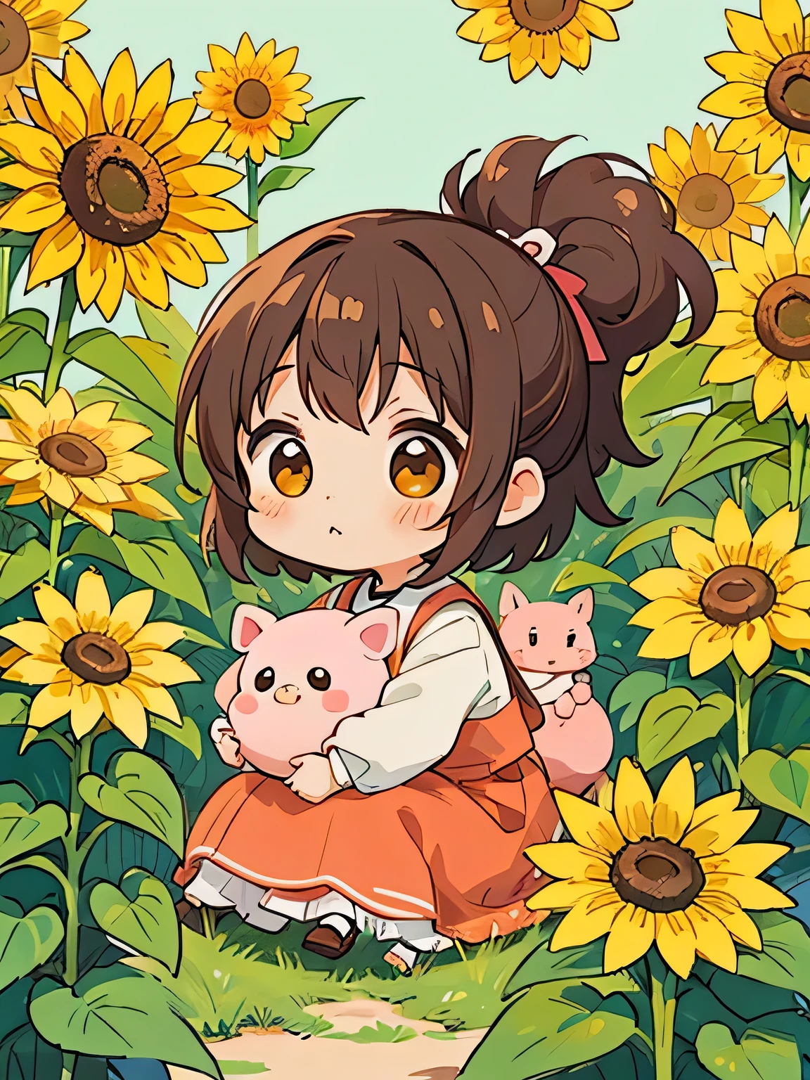 Machiko Satonaka style, Kawaii Design, most beautiful girl ever、Chibi, (((Lots of friends)))、sunflower、Cute baby pig