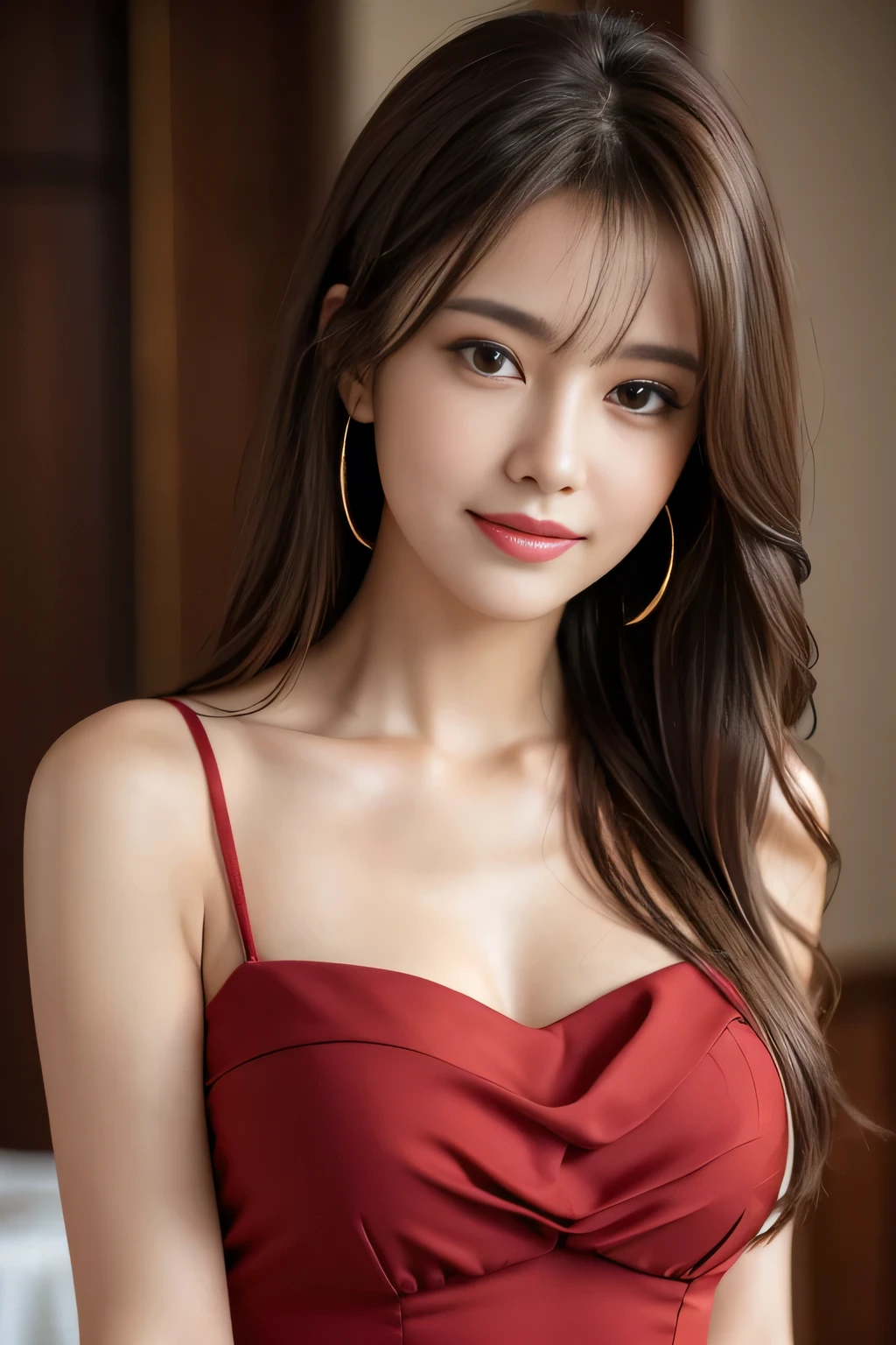 Tabletop, highest quality, Realistic, Very detailed, finely, High resolution, 8k wallpaper, One beautiful woman,, Light brown messy hair, wearing a red dress shirt with an open collar, Sharp focus, Perfect dynamic composition, Beautiful and beautiful eyes, Thin Hair, Detailed Realistic skin texture, smile, Close-up portrait, Model Body Type