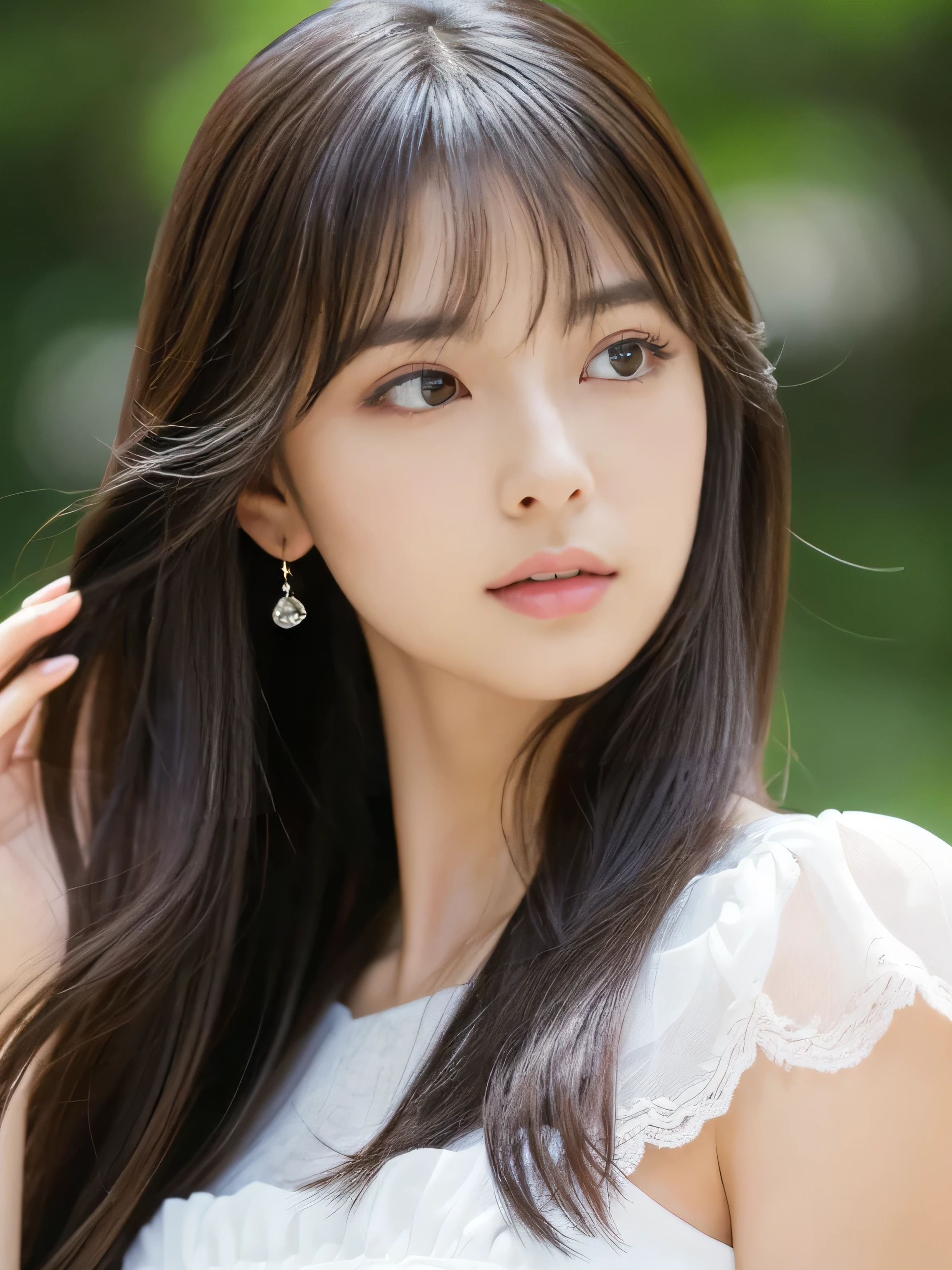((Full Shot:1.3)) (big 1.4) ((highest quality)), ((masterpiece)), (Get used to it), Perfect Face (1 girl) (Japanese) (She is 24 years old、The most beautiful fantasy girls in Japan) ((highest quality)), ((masterpiece)) ((Her incredibly straight, waist-length, high quality hair is very shiny and glossy and has a lot of volume and shine. Her hair is a deep black.)) (Her bangs are beautiful and lush:1.3) (She has perfect beautiful makeup Lipstick is light red Ilaner is a beautiful black) Anatomically correct hand Thin fingers Anatomically correct five fingers Beautiful Japanese girl face, (Long Hair shiny Long Hair, length, Shiny Thick black hair, length, Her hair is long and straight, Super Long Hair girl, Silky Hair, Silky Hair, length, Flat Hair, Silky texture, Long Hair, length, Flowing, Thick black hair, thin and shiny hair) Anatomically correct、White beautiful human skin and detail of hands and fingers Beautiful Eyes Mouth Details the corners of the mouth rise slightly Cool look (The eyebrows are dark brown in color) (She is wearing a fantasy pure white lace gown dress and healing spellcaster gear...:1.5 She is wearing a gorgeous white Victorian dress:1.I'wear 5..) (This is a forest in a fantasy world.:1.5) (She has a healing wand、Posing as if casting a healing spell:2.2) (Open your mouth:1.3) (She turns to the viewer and smiles sweetly..)