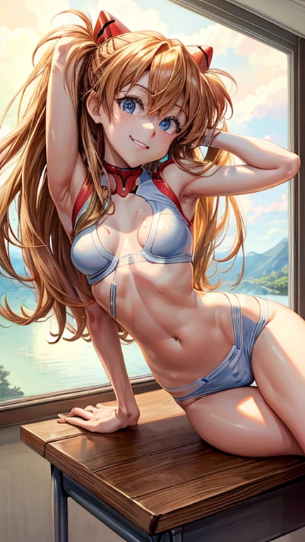 Perfect Face、Asuka Langley、Ample breasts、Slim fit、uniform、The viewpoint is the front、looking at the camera、Smiling and talking、Arms folded and placed on the desk、The valley is visible、