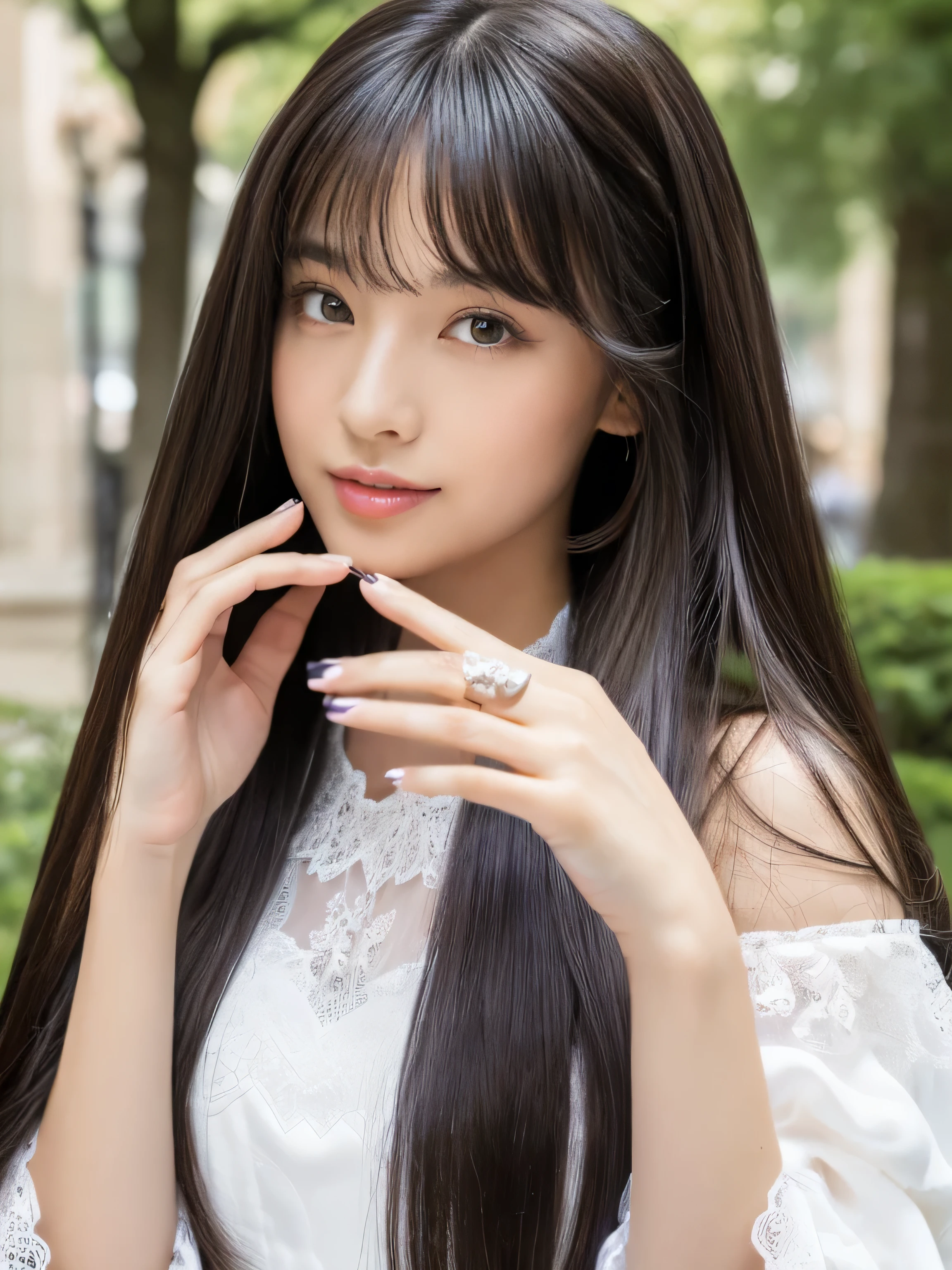 ((Full Shot:1.3)) (big 1.4) ((highest quality)), ((masterpiece)), (Get used to it), Perfect Face (1 girl) (Japanese) (She is 24 years old、The most beautiful fantasy girls in Japan) ((highest quality)), ((masterpiece)) ((Her incredibly straight, waist-length, high quality hair is very shiny and glossy and has a lot of volume and shine. Her hair is a deep black.)) (Her bangs are beautiful and lush:1.3) (She has perfect beautiful makeup Lipstick is light red Ilaner is a beautiful black) Anatomically correct hand Thin fingers Anatomically correct five fingers Beautiful Japanese girl face, (Long Hair shiny Long Hair, length, Shiny Thick black hair, length, Her hair is long and straight, Super Long Hair girl, Silky Hair, Silky Hair, length, Flat Hair, Silky texture, Long Hair, length, Flowing, Thick black hair, thin and shiny hair) Anatomically correct、White beautiful human skin and detail of hands and fingers Beautiful Eyes Mouth Details the corners of the mouth rise slightly Cool look (The eyebrows are dark brown in color) (She is wearing a fantasy pure white lace gown dress and healing spellcaster gear...:1.5 She is wearing a gorgeous white Victorian dress:1.I'wear 5..) (This is a forest in a fantasy world.:1.5) (She has a healing wand、Posing as if casting a healing spell:2.2) (Open your mouth:1.3) (She turns to the viewer and smiles sweetly..)