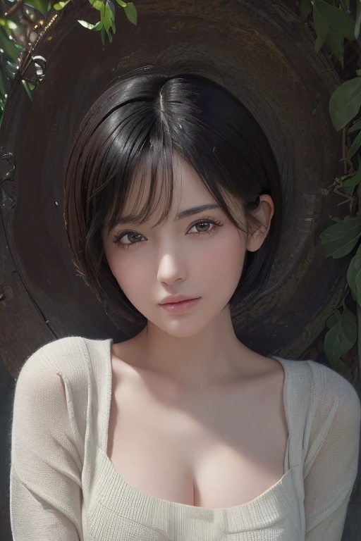Whole body 1.4,(masterpiece:1.3), (8k, Realistic, RAW Photos, highest quality: 1.4), (One girl), Beautiful Face, (Realistic Face), (Black Hair, short hair:1.3), Beautiful hairstyle, Realistic eyes, Beautiful fine details, (Realistic Skin), Beautiful Skin, (Sweater wide open on the chest), Absurd, Charm, Ultra-high resolution, Ultra-realistic, Very detailed, Golden Ratio