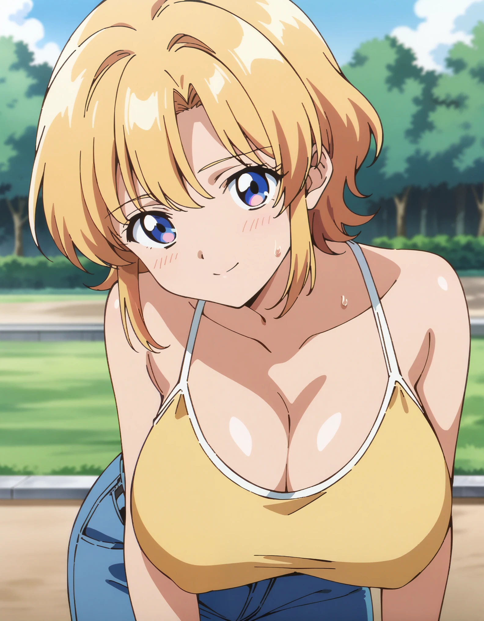 score_9, score_8_up, score_7_up, score_6_up, score_5_up, score_4_up, oya, qvj, BREAK, masterpiece, best quality, source_anime, 1980s (style), retro artstyle, (1980s anime cels style, anime screencap), anime coloring, BREAK, 2girls, various hair, (????????????:1.2), cleavage, ?????????, light smile, looking at viewer, half closed eyes, cowboy shot, bra, outdoors, park, denim hotpants, white tanktop, BREAK, yellow camisole, sweat