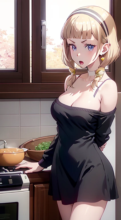 masterpiece, yor, 1girl, Amazing Cleavage:1.3, thin waist, big ass, Raised sexy, medium breast: 1.0 posed cleavage:1.2、solo, looking at viewer, open mouth, have a cute grass of cute beergrass,black hair, red eyes, dress, bare shoulders, jewelry, collarbone, sidelocks, hairband, earrings, indoors, off shoulder, :o, sweater, arms behind back, plant, short hair with long locks, white hairband, off-shoulder dress, sweater dress, off-shoulder sweater, red sweater, big side hair, very long side hair,is rendered in (masterpiece: 1.2, best quality), with (ultra high resolution) and an exquisite (depth of field). This masterpiece is not only visually stunning but also tells,A scene of cooking in the kitchen