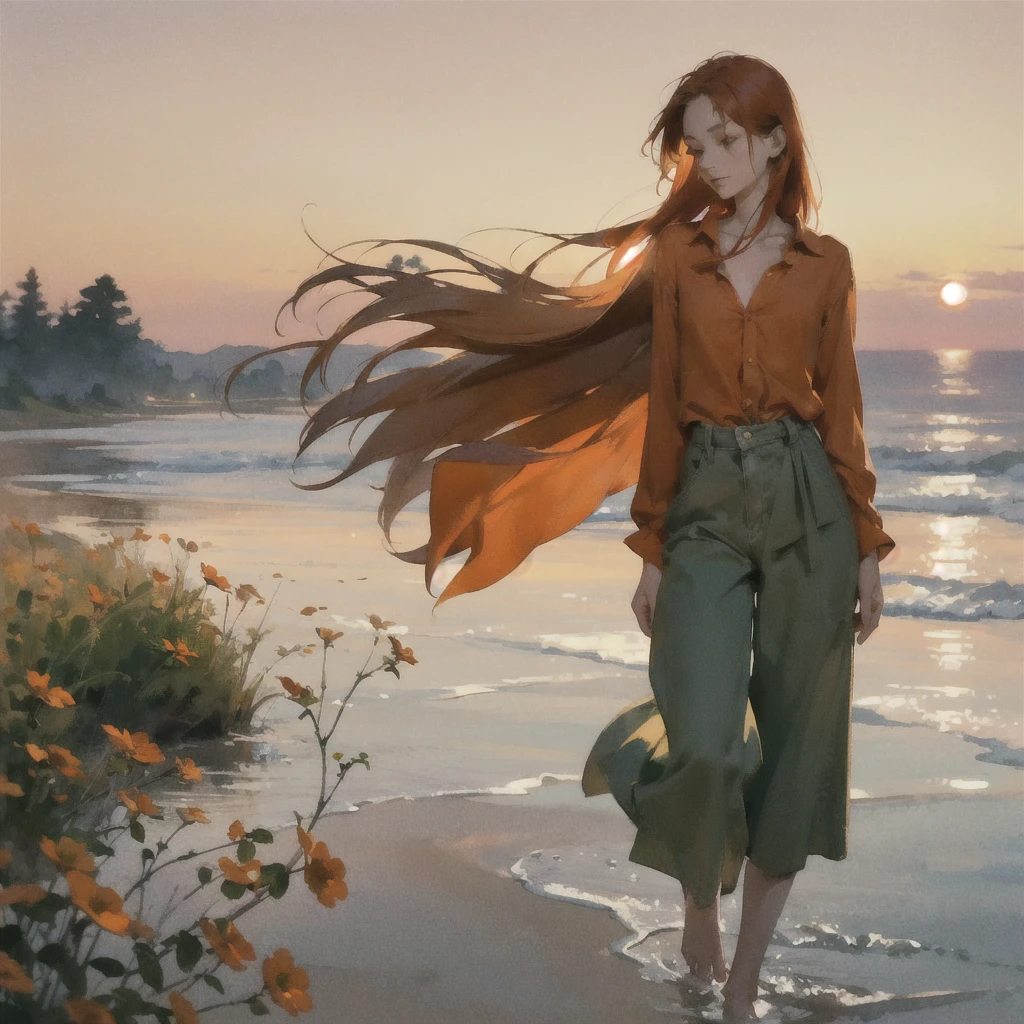 Beautiful slender thin exquisite (nude) girl with a perfect face of the southern type with red hair with tender breasts with tender nipples barefoot with bare hips ((with red pubic hairs)) ((in an unbuttoned orange shirt over a naked body and very wide, long, loose, flared culottes)) walks along a brick road in the middle of a flowering field, in a gentle watercolor style, Discreet shades, sfumato, haze, diffused dim light, delicate mint shades, imitation of film photography, sunset lighting, Warm evening shades, warm golden and olive sunset light
