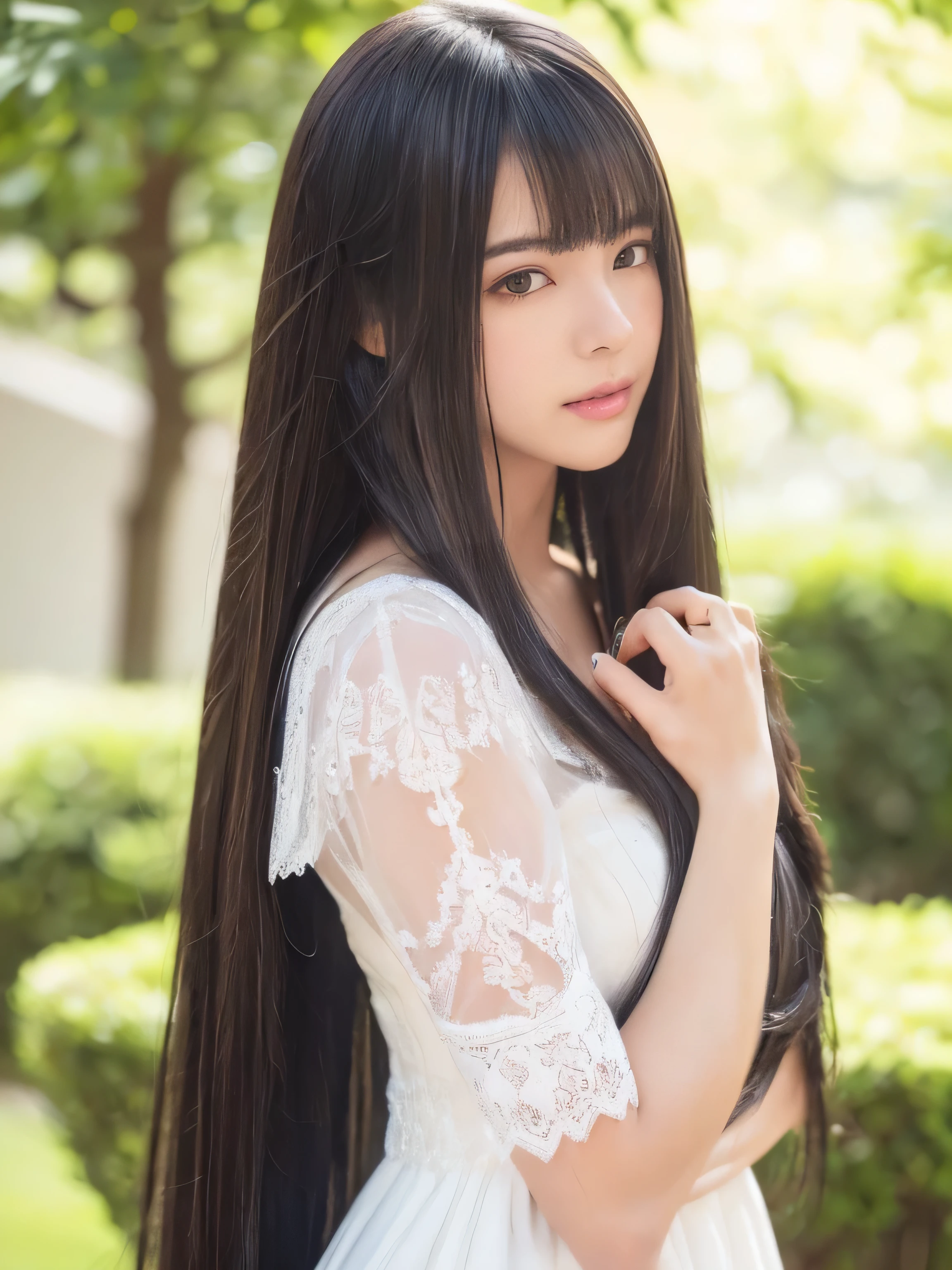 ((Full Shot:1.3)) (big 1.4) ((highest quality)), ((masterpiece)), (Get used to it), Perfect Face (1 girl) (Japanese) (She is 24 years old、The most beautiful fantasy girls in Japan) ((highest quality)), ((masterpiece)) ((Her incredibly straight, waist-length, high quality hair is very shiny and glossy and has a lot of volume and shine. Her hair is a deep black.)) (Her bangs are beautiful and lush:1.3) (She has perfect beautiful makeup Lipstick is light red Ilaner is a beautiful black) Anatomically correct hand Thin fingers Anatomically correct five fingers Beautiful Japanese girl face, (Long Hair shiny Long Hair, length, Shiny Thick black hair, length, Her hair is long and straight, Super Long Hair girl, Silky Hair, Silky Hair, length, Flat Hair, Silky texture, Long Hair, length, Flowing, Thick black hair, thin and shiny hair) Anatomically correct、White beautiful human skin and detail of hands and fingers Beautiful Eyes Mouth Details the corners of the mouth rise slightly Cool look (The eyebrows are dark brown in color) (She is wearing a fantasy pure white lace gown dress and healing spellcaster gear...:1.5 She is wearing a gorgeous white Victorian dress:1.I'wear 5..) (This is a forest in a fantasy world.:1.5) (She has a healing wand、Posing as if casting a healing spell:2.2) (Open your mouth:1.3) (She turns to the viewer and smiles sweetly..)