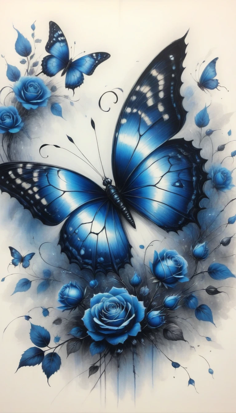 (best quality,4K,high resolution:1.2),Super detailed,Practical,black and white,traditional media,Pencil Sketch:1.2,Chaotic lines,[[[Artist Moussa]]],On a dark background,Blue electric charges forming butterfly，Stylized silhouettes of orbs and roses,Bioluminescence