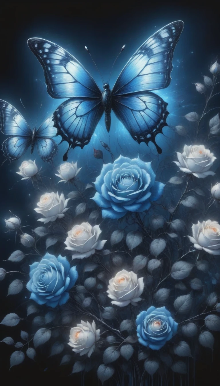 (best quality,4K,high resolution:1.2),Super detailed,Practical,black and white,traditional media,Pencil Sketch:1.2,Chaotic lines,[[[Artist Moussa]]],On a dark background,Blue electric charges forming butterfly，Stylized silhouettes of orbs and roses,Bioluminescence